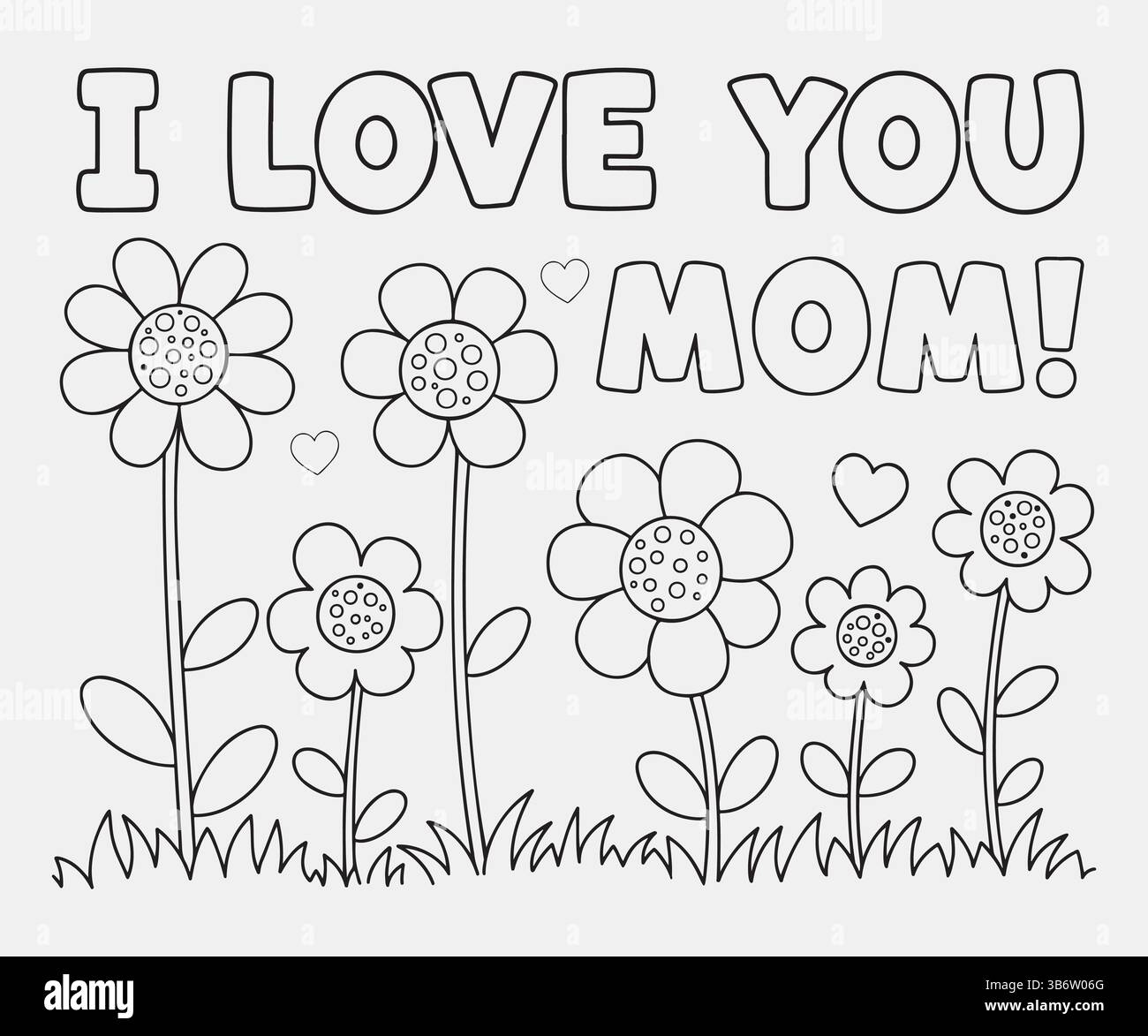 page de coloriage de fête des mères pour les enfants avec le message "je t'aime maman", papillon mignon et art vectoriel de gribouilles de fleurs simples Illustration de Vecteur