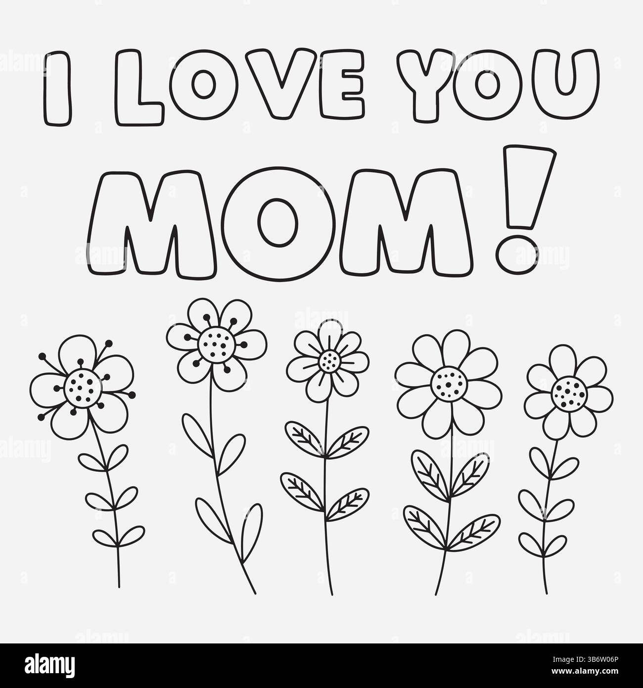 carte à colorier noire et blanche pour la fête des mères avec lettres à bulles « i love you maman », papillon et fleurs dessinées à la main Illustration de Vecteur