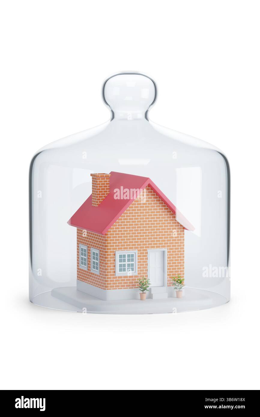 Maison à l'intérieur d'un pot de cloche isolé sur fond blanc. Concept de sécurité. illustration 3d. Banque D'Images