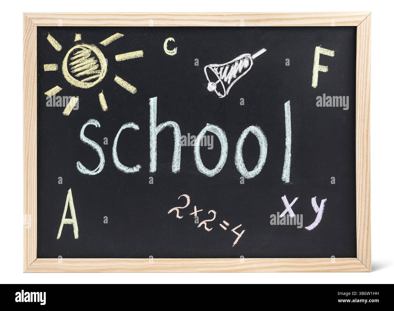 Tableau noir dans le cadre en bois avec des inscriptions à la craie de couleur Banque D'Images
