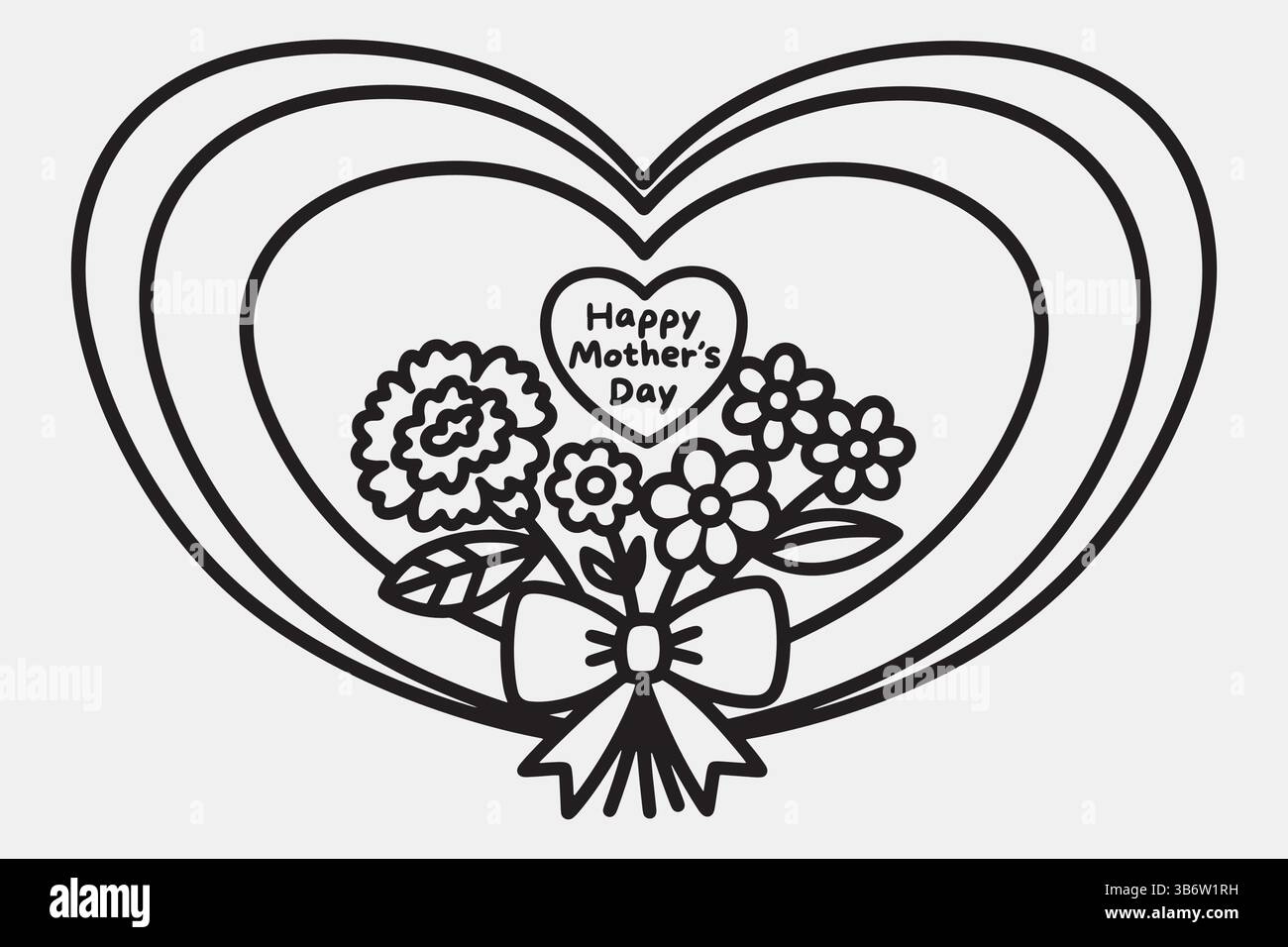 design élégant de carte de fête des mères avec cadre de coeur concentrique et bouquet floral pour colorer l'art vectoriel d'activités Illustration de Vecteur