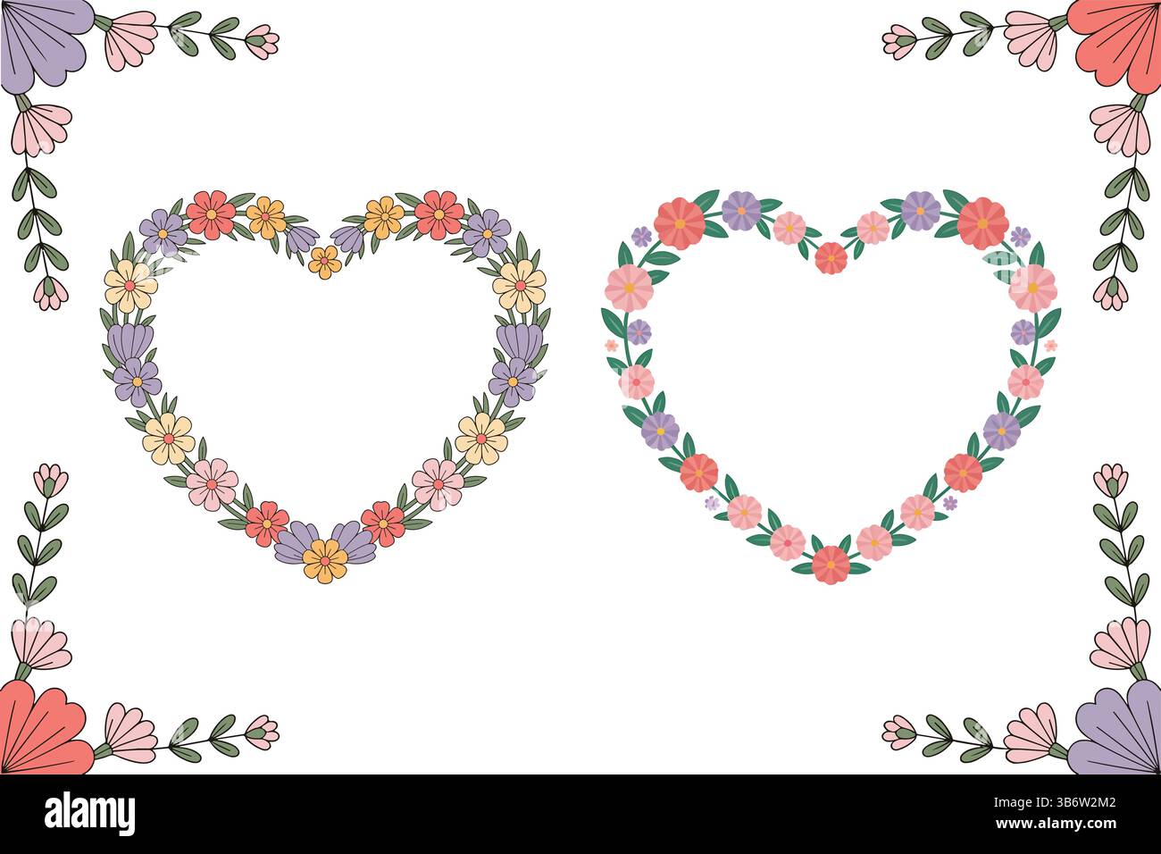 Floral deux cadres de couronne coeur avec espace vide sur fond blanc, vecteur basculé Illustration de Vecteur