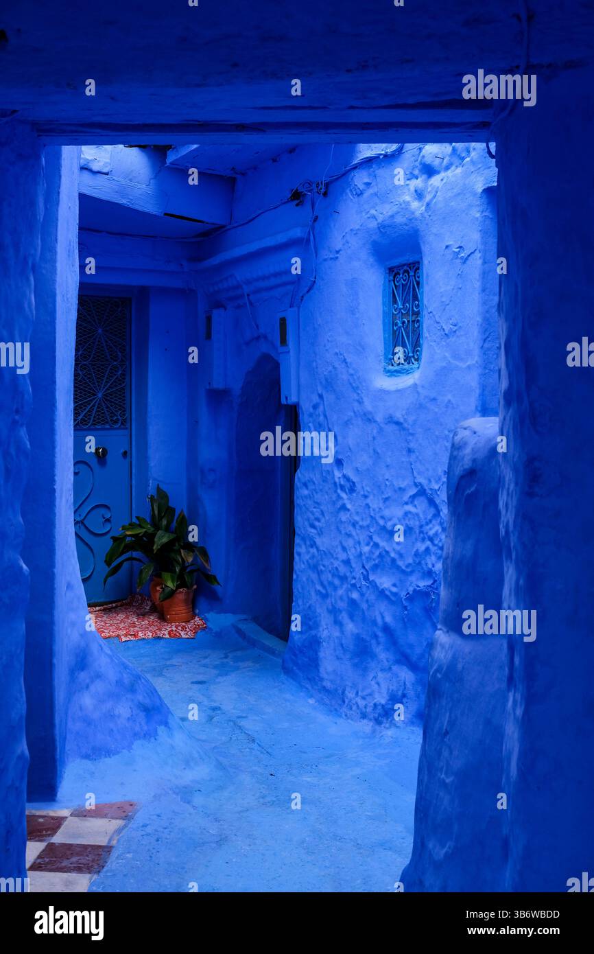 Une ruelle sereine et lavée au bleu à Chefchaouen, Maroc, avec une porte rustique encadrée par une arche, vous invitant à explorer le charme caché de la ville. Banque D'Images