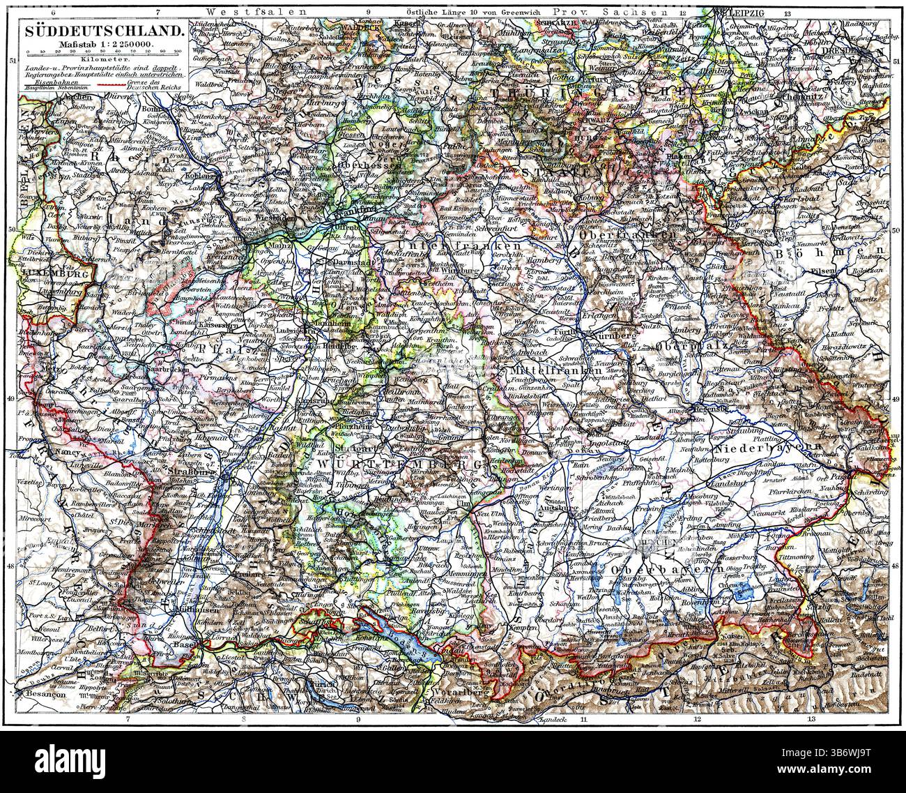 Carte du sud de l'Allemagne. Publication de l'encyclopédie Meyers, vol. 6, Leipzig, Allemagne, 1910. Banque D'Images