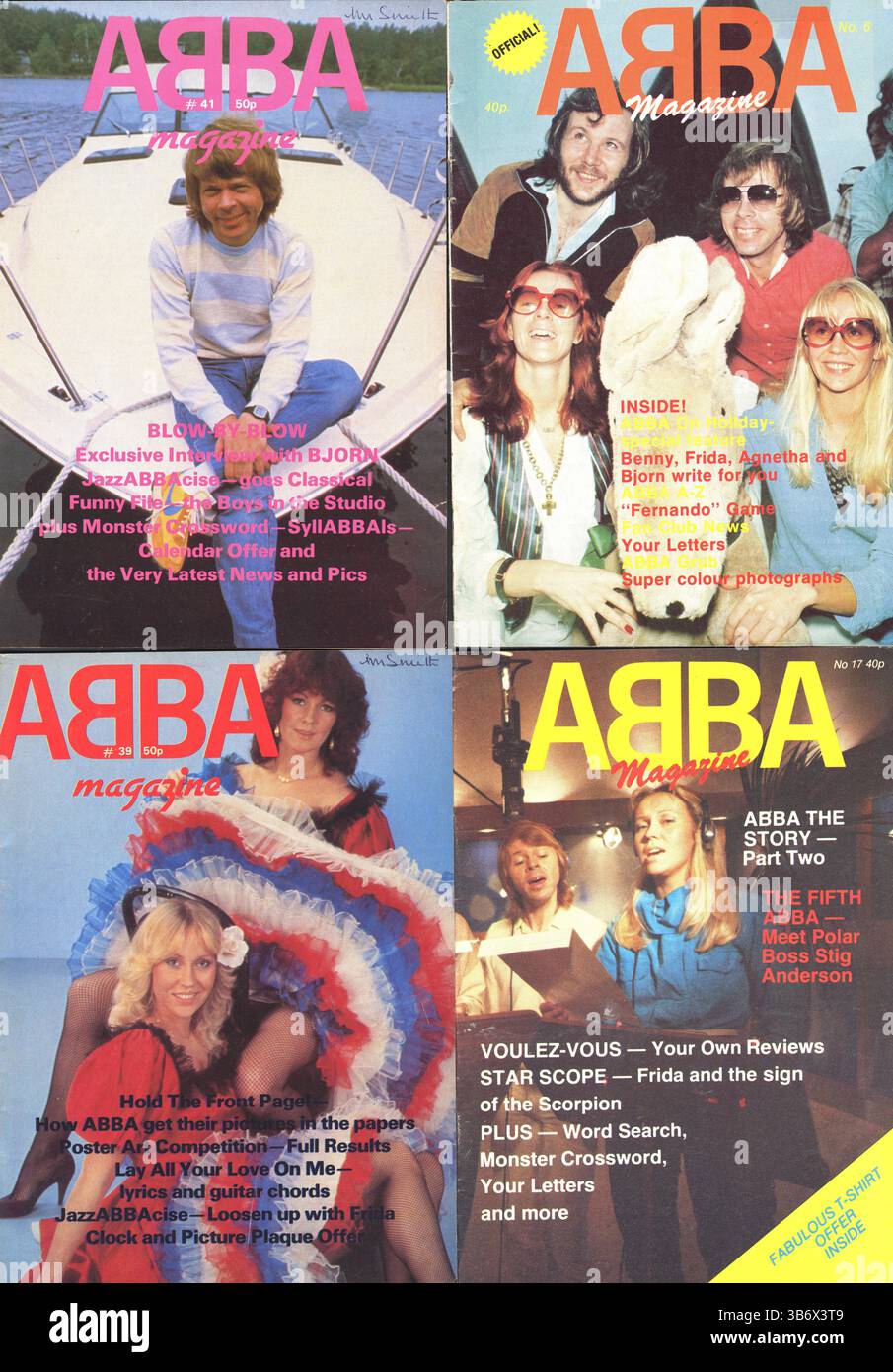 Magazines de fans Abba. Le magazine officiel Abba a été publié au Royaume-Uni à partir de décembre 1977 en collaboration avec le groupe et sa direction bimensuelle puis chaque mois se terminant par le numéro 41 en novembre 1981. Le magazine a ensuite été relancé sous le nom de Official International ABBA Magazine avec chaque édition publiée en plusieurs langues. Le magazine a été fermé en novembre 1983 après la dissolution du groupe, bien qu'un magazine similaire ait été lancé plus récemment et existe toujours aujourd'hui. Superbes photos de couverture et souvenirs pop des années 70 à son meilleur. Banque D'Images