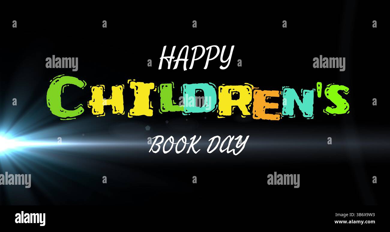 Image du jour heureux du livre des enfants sur fond noir avec de la lumière Banque D'Images