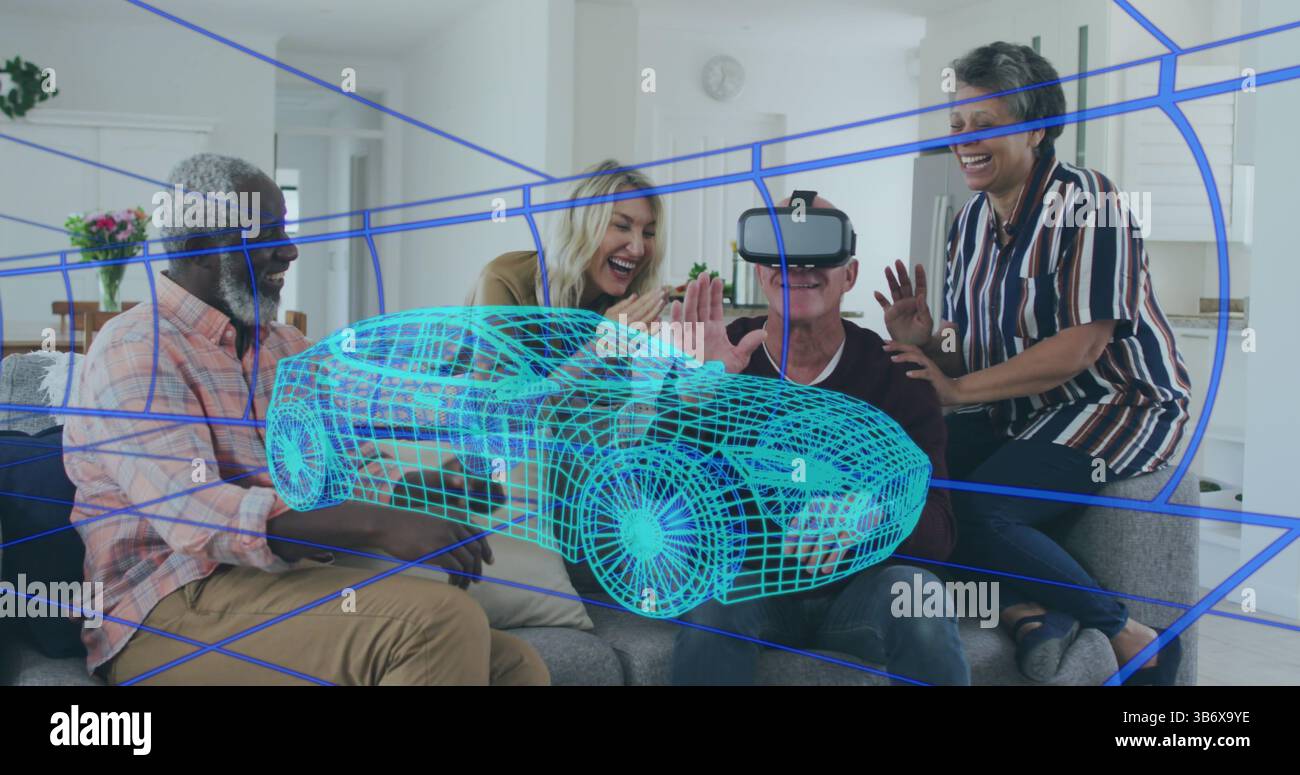 Image de la voiture sur un groupe diversifié de personnes âgées utilisant un casque vr Banque D'Images