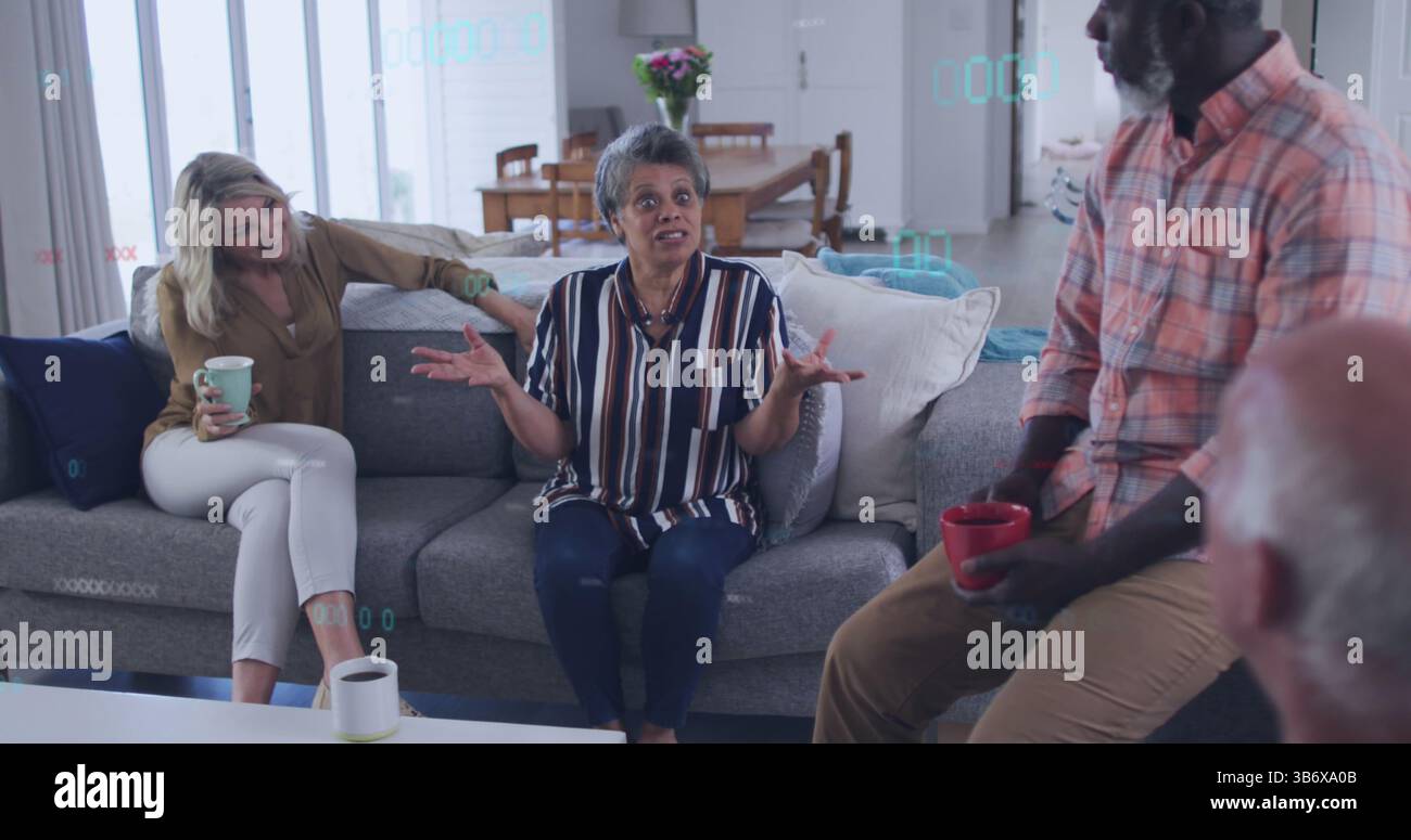 Image de chiffres sur un groupe diversifié de personnes âgées parlant Banque D'Images