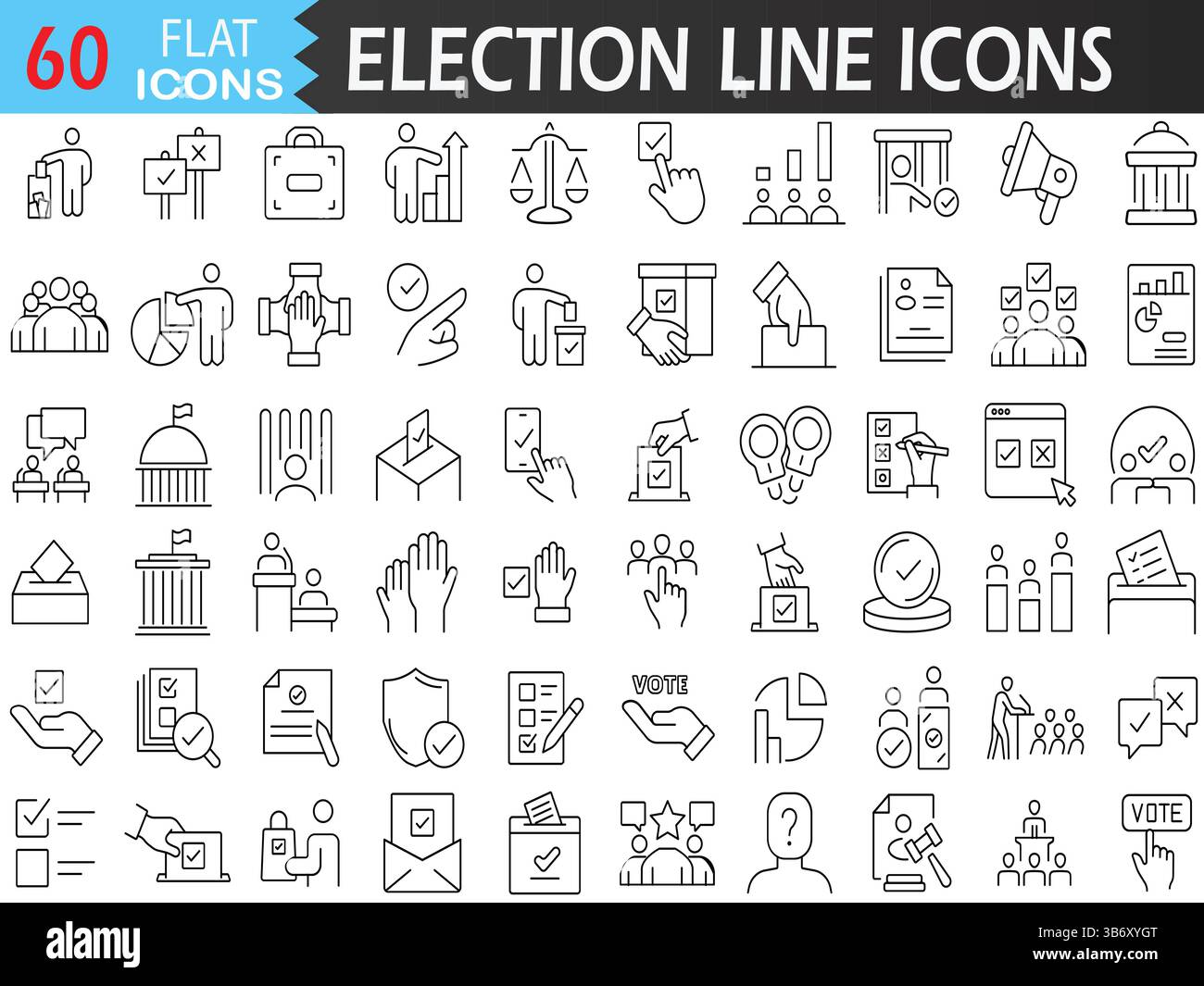 Icônes de ligne électorale – vote, urne, campagne, résultats. Icône linéaire politique définie avec contour modifiable. Illustration vectorielle pour l'interface utilisateur, le Web et l'impression Illustration de Vecteur