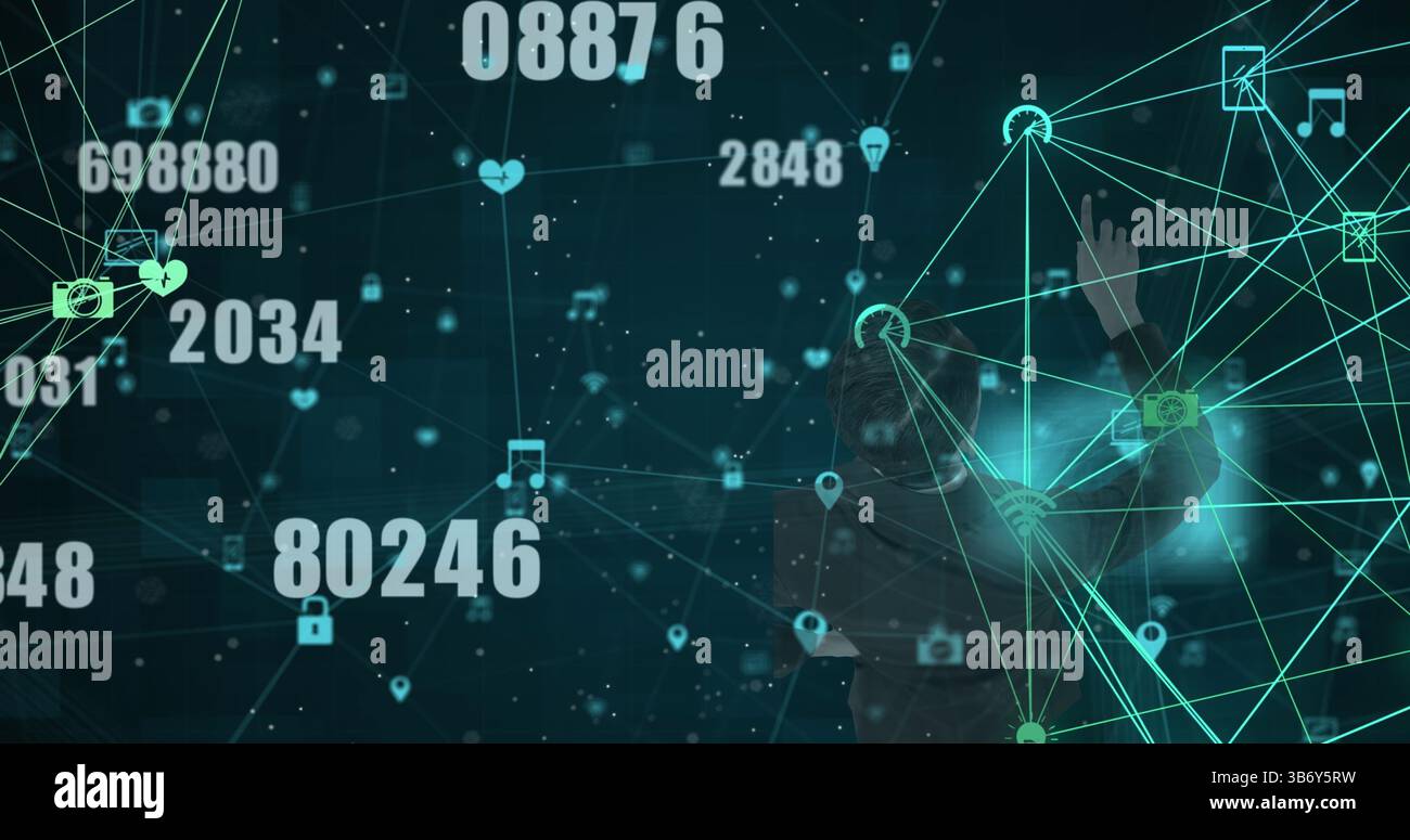 Image des numéros, des icônes sur le réseau de connexions en arrière-plan Banque D'Images