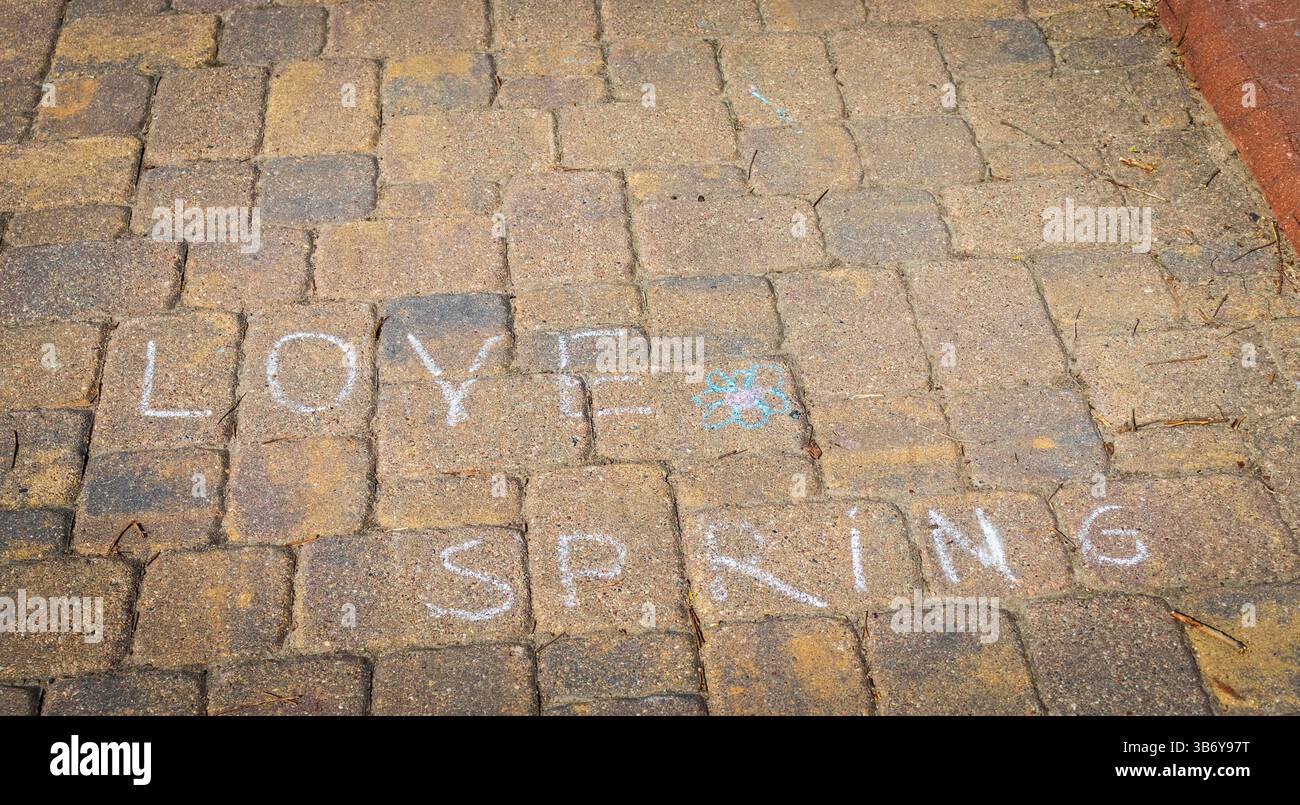 Les enfants ont dessiné les mots amour, printemps sur le trottoir avec des craies colorées Banque D'Images