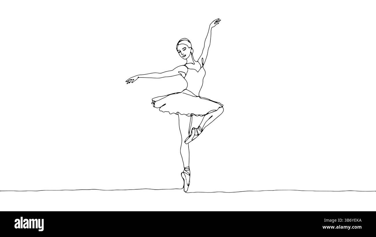 La ballerine effectue une pose élégante. Robe pointes chaussures bras tendus. Sites Web d'art de la performance des studios de danse. Style art ligne minimaliste blanc brillant Illustration de Vecteur