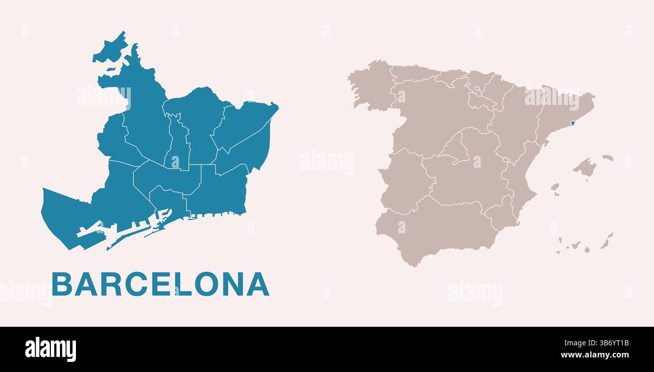 Carte détaillée de Barcelone, Espagne avec l'emplacement souligné sur la carte de l'Espagne. Carte Vector Espagne avec divisions régionales, isolé sur fond. Illustration de Vecteur