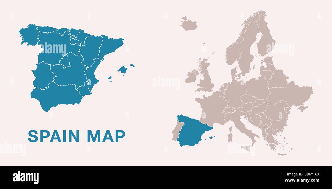 Carte de l'Espagne avec les divisions administratives et la position mise en évidence sur la carte de l'Europe. Isolé sur fond blanc. Illustration vectorielle. Illustration de Vecteur