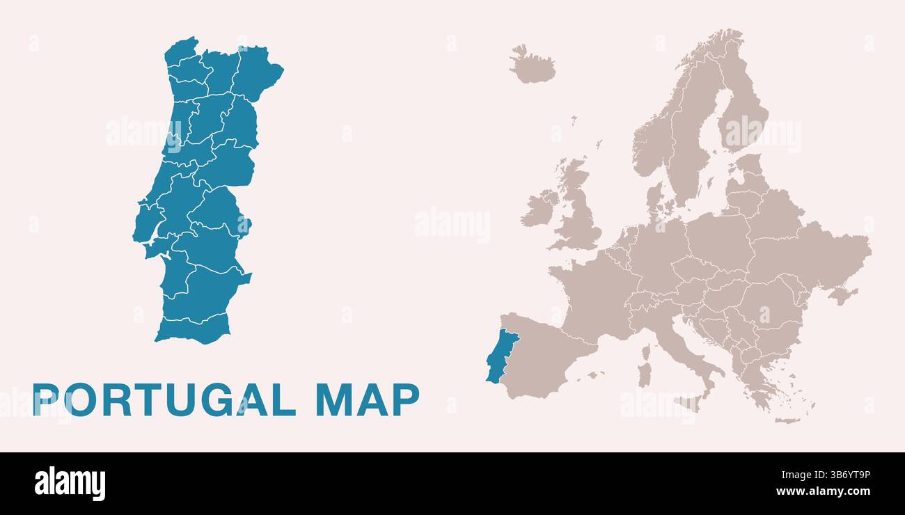 Carte du Portugal avec les divisions administratives et la position mise en évidence sur la carte de l'Europe. Isolé sur fond blanc. Illustration vectorielle. Illustration de Vecteur