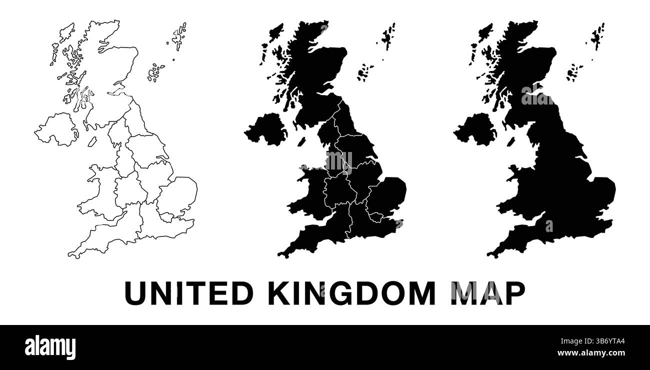 Ensemble de cartes du Royaume-Uni avec divisions administratives, contour et silhouette. Vecteur modifiable pour infographies, présentations et utilisation éducative. Illustration de Vecteur