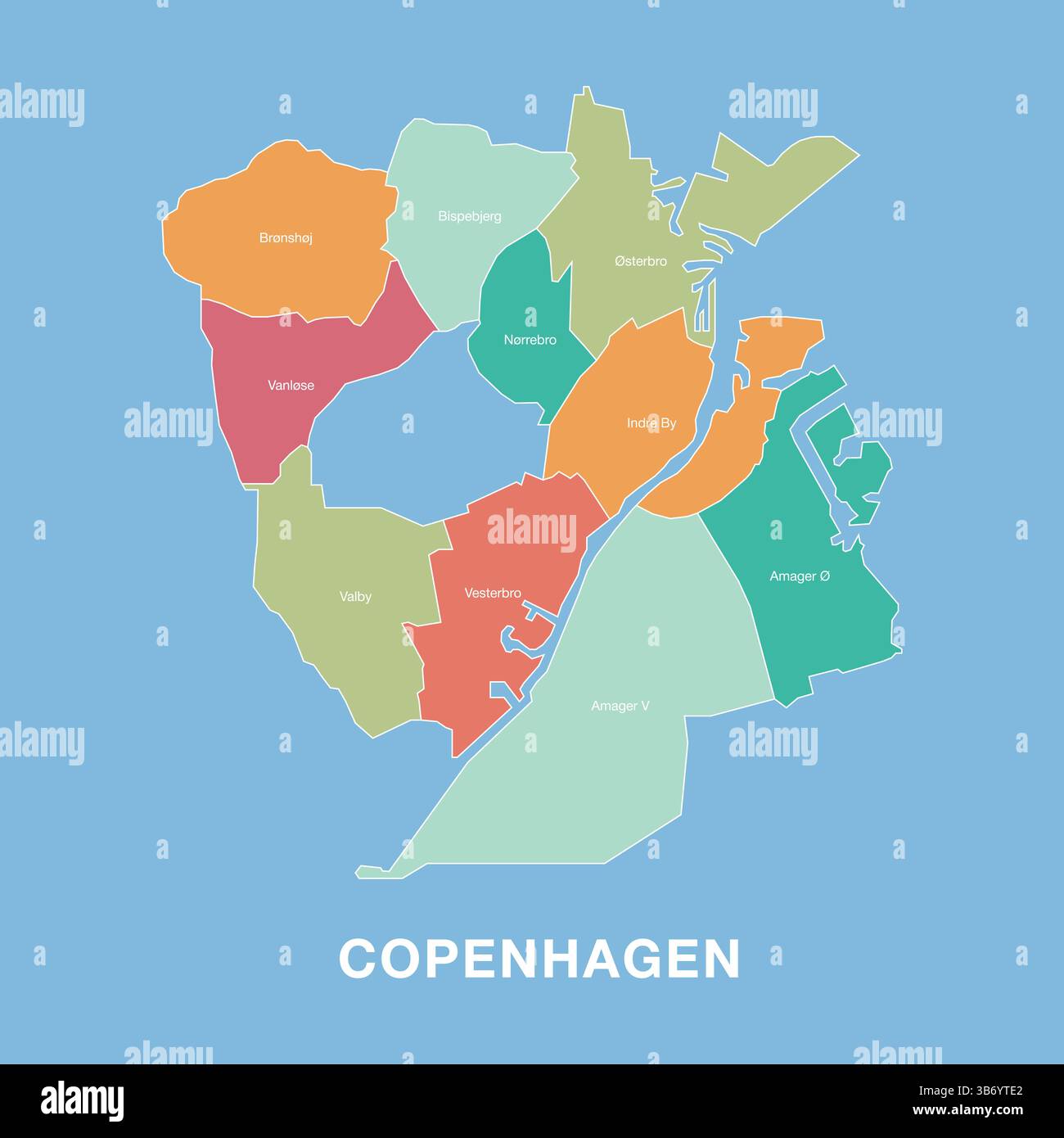 Carte colorée de Copenhague, Danemark avec districts administratifs labellisés. Illustration vectorielle isolée sur fond bleu. Illustration de Vecteur