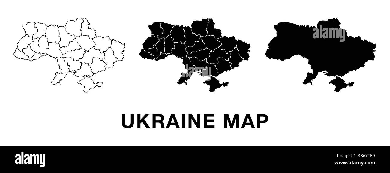 Carte de l'Ukraine avec divisions administratives, contour et silhouette. Vecteur modifiable pour infographies, présentations et utilisation éducative. Illustration de Vecteur