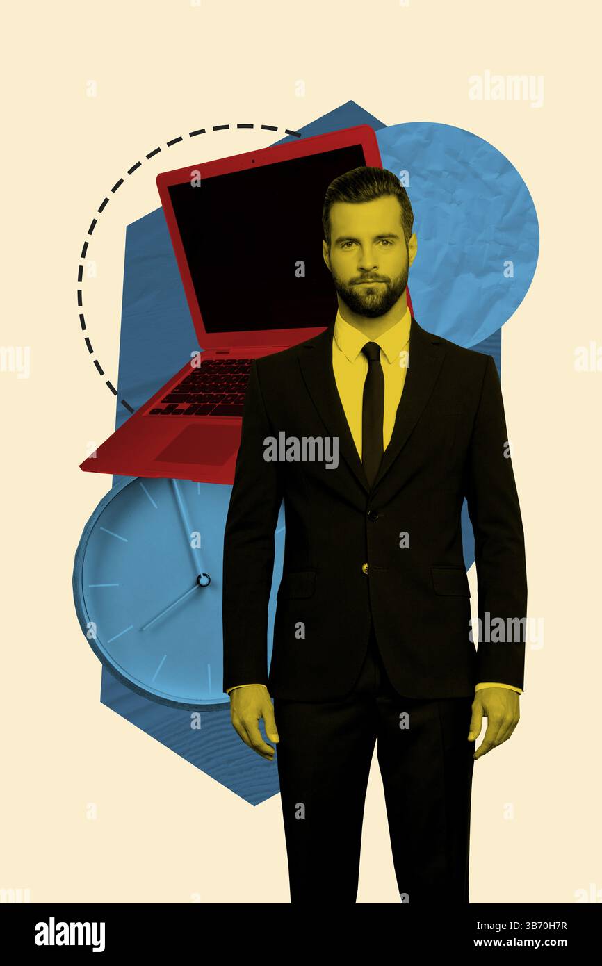 Modèle de tendance de collage de photos d'art composite 3D de recrutement de l'entrepreneur de l'espace de travail ressources humaines jeune homme stand horloge ordinateur portable Banque D'Images