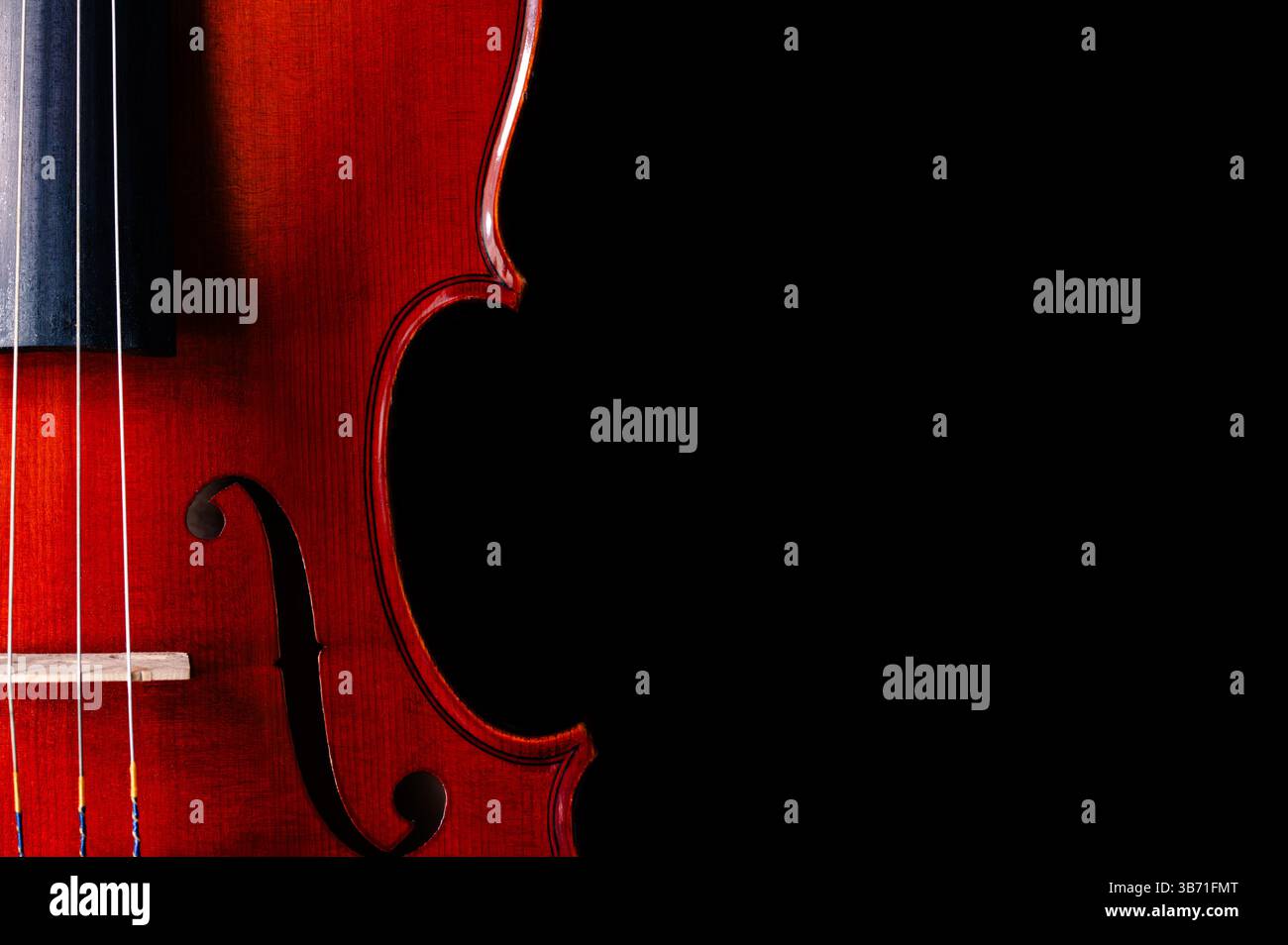 Gros plan du côté droit d'un violon sur fond noir avec un espace de copie sur la droite Banque D'Images