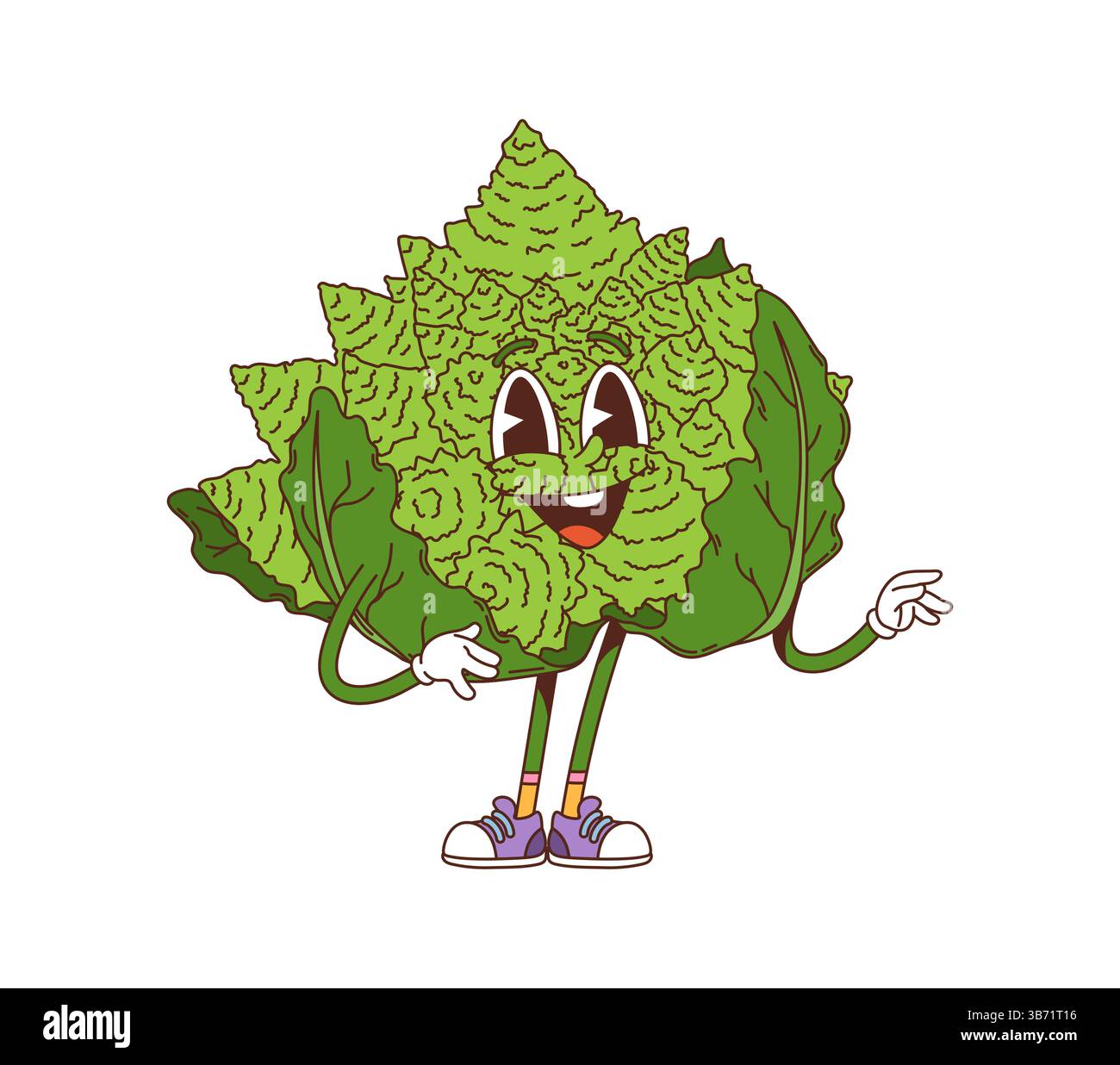 Personnage de dessin animé végétal Groovy Romanesco avec visage drôle, personnage comique vectoriel. Groovy Romanesco brocoli ou chou-fleur dans le dessin animé rétro avec h. Illustration de Vecteur