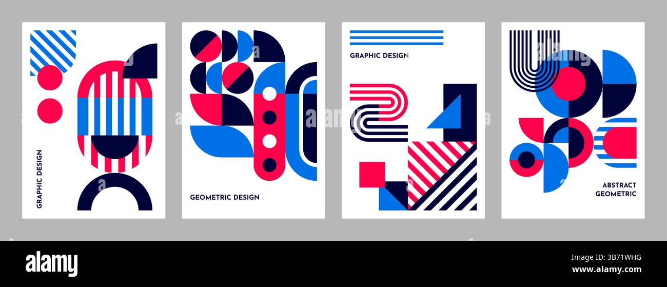 Modèles d'affiche d'affaires avec motif géométrique abstrait de formes de lignes roses bleues. Motif d'art minimal moderne vectoriel de cercles, de carrés et de triangles, de points et d'arches, ensemble d'affiches géométriques abstraites Illustration de Vecteur