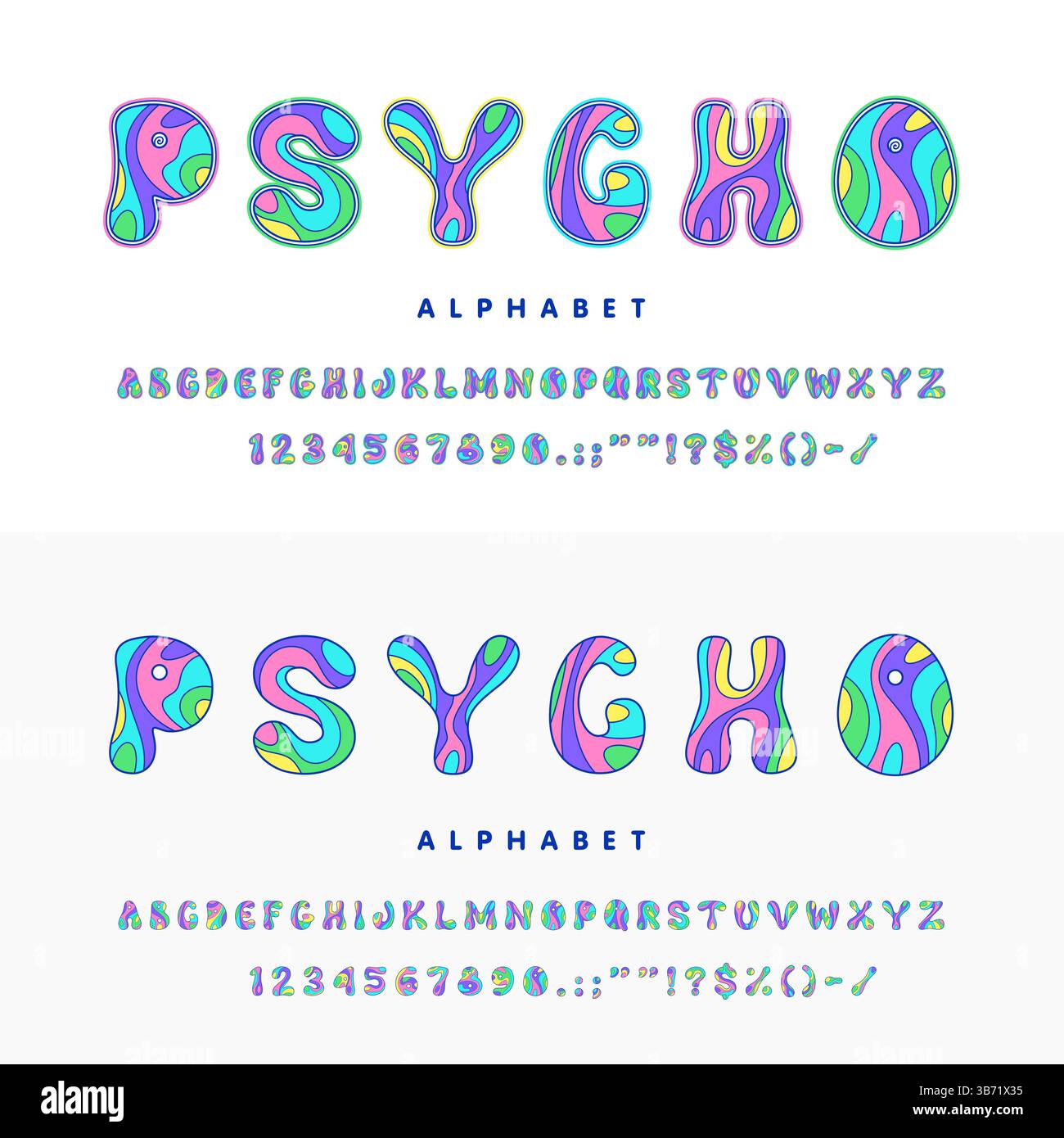 Police psychédélique, police hippie groovy, lettres trippy et chiffres de l'alphabet anglais. Typographie vectorielle de police hippy rétro funky, caractères abc définis avec un motif ondulé de couleurs d'acide psychédélique Illustration de Vecteur