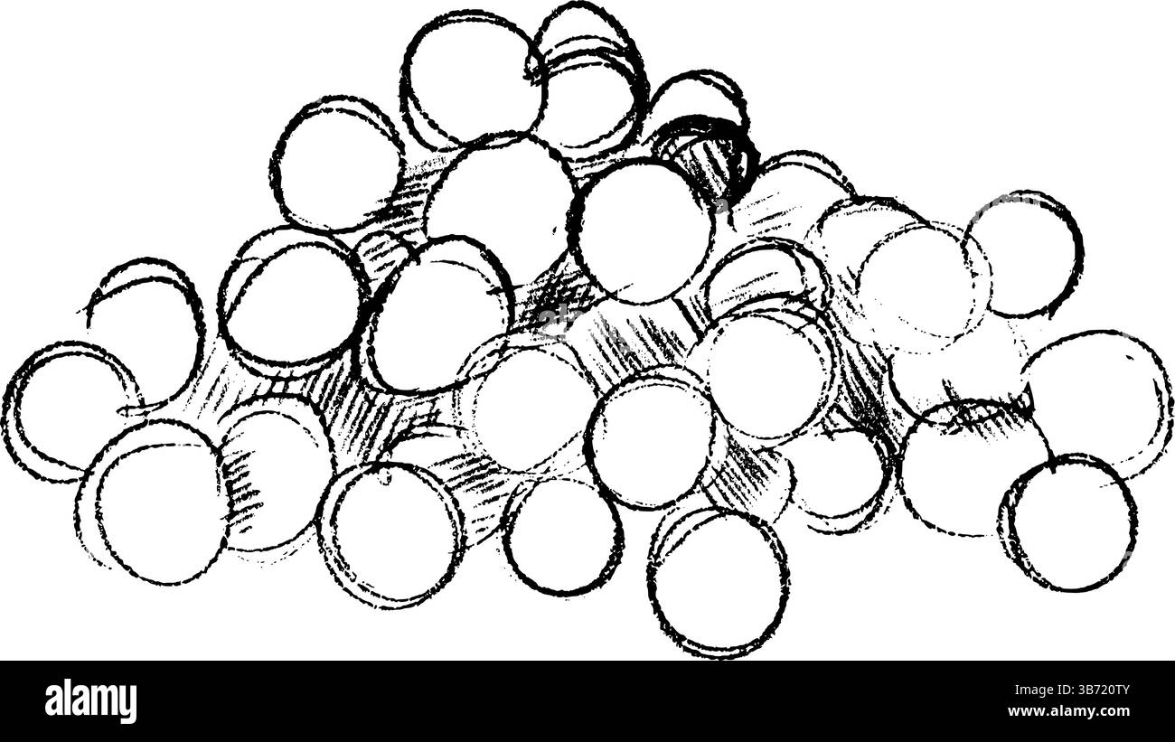 Un grand tas d'anneaux métalliques circulaires qui affichent leurs surfaces brillantes et réfléchissantes et viennent en différentes tailles. Graphiques vectoriels dessinés à la main, dessin au trait noir et blanc isolé sur fond blanc. Illustration de Vecteur