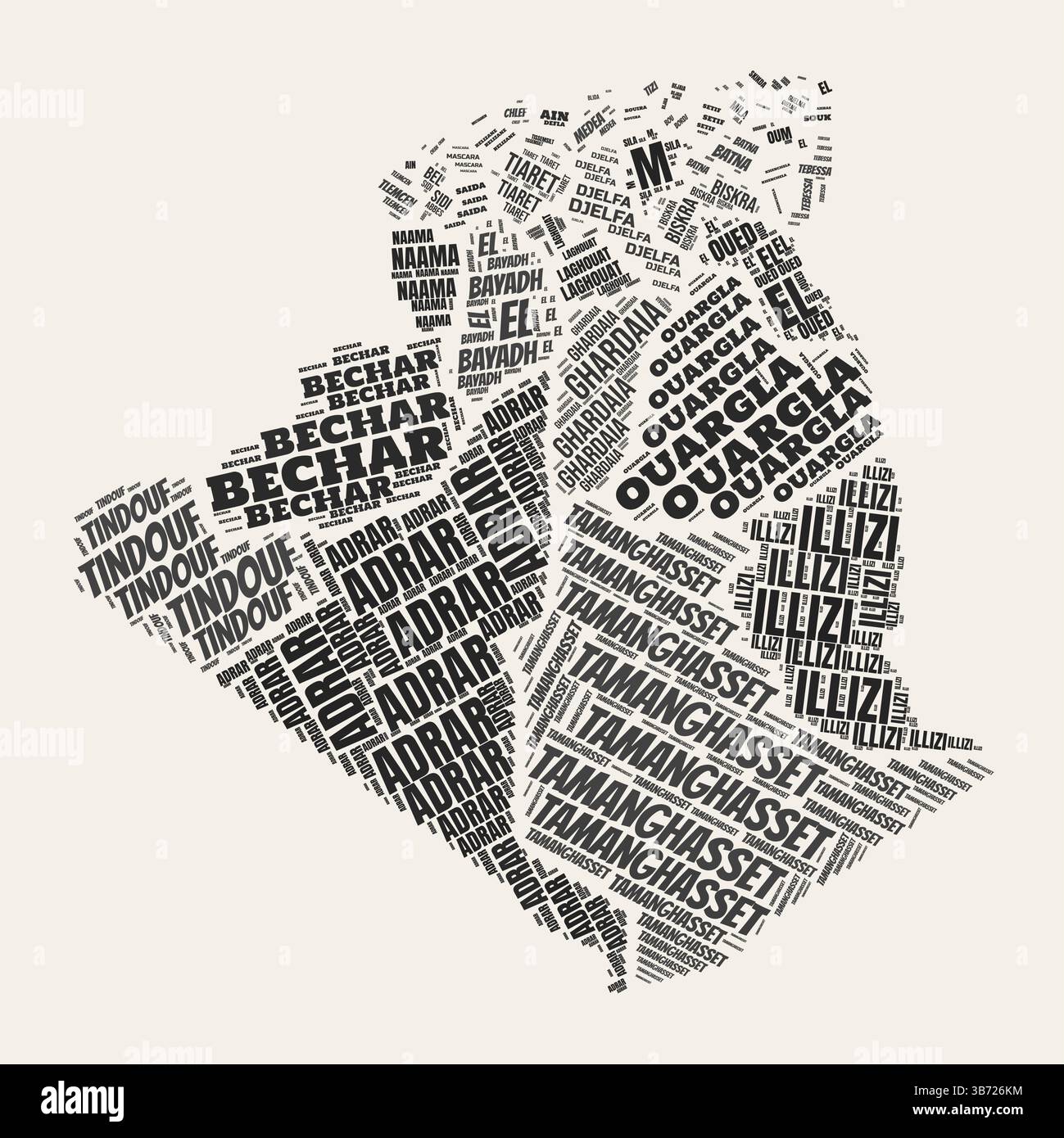 Algérie Word Cloud. Pays avec division de régions. Algérie texte typographique nuages de conception d'image vectorielle. Image de forme de pays de style gazette vintage. Illustration de Vecteur