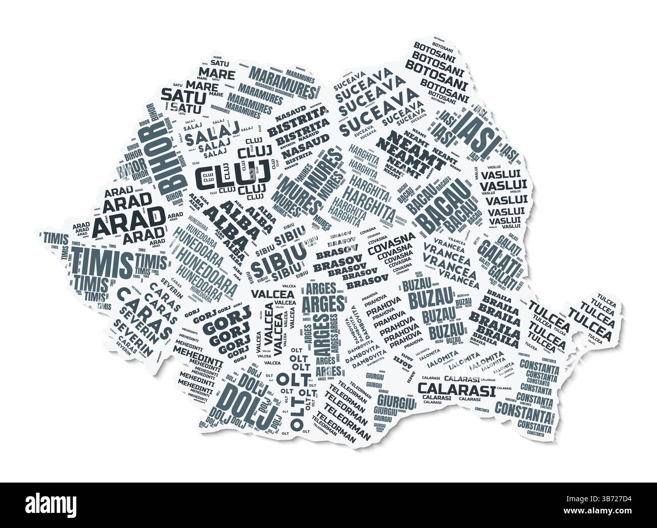Nuage de texte de forme Roumanie. Frontière de pays avec ombre sur fond blanc. Roumanie avec division des régions dans le style vintage gazette. Illustration de Vecteur