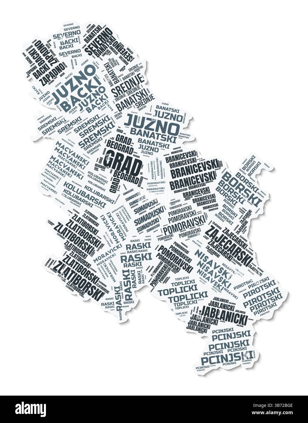 Nuage de texte de forme Serbie. Frontière de pays avec ombre sur fond blanc. Serbie avec division des régions dans le style vintage gazette. Illustration de Vecteur