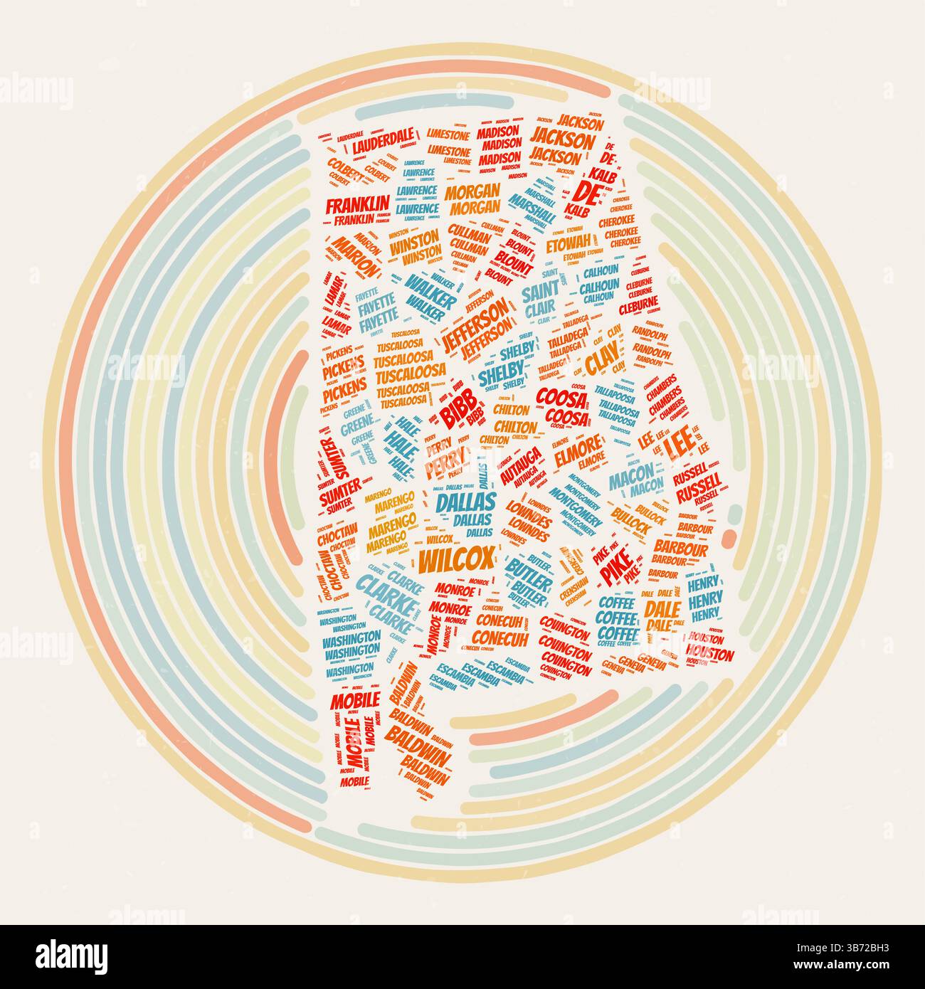 Affiche ronde de l'Alabama. Image de style typographique de State. Comtés nuages de mots de l'Alabama. Design d'image vintage avec texture de grattage. Illustration de Vecteur