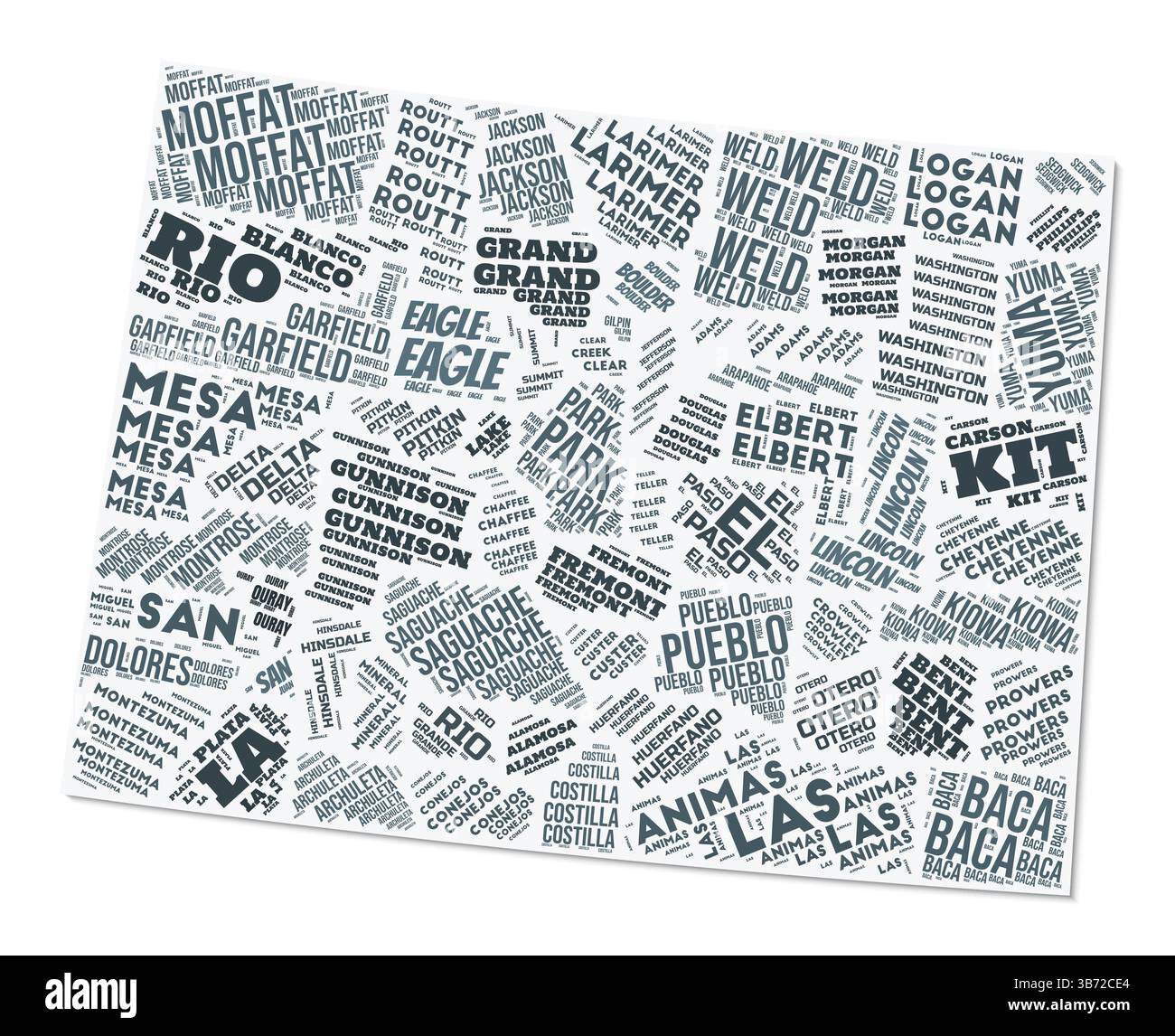 Nuage de texte de forme Colorado. Frontière d'état avec ombre sur fond blanc. Colorado avec division des comtés dans le style vintage gazette. Illustration de Vecteur