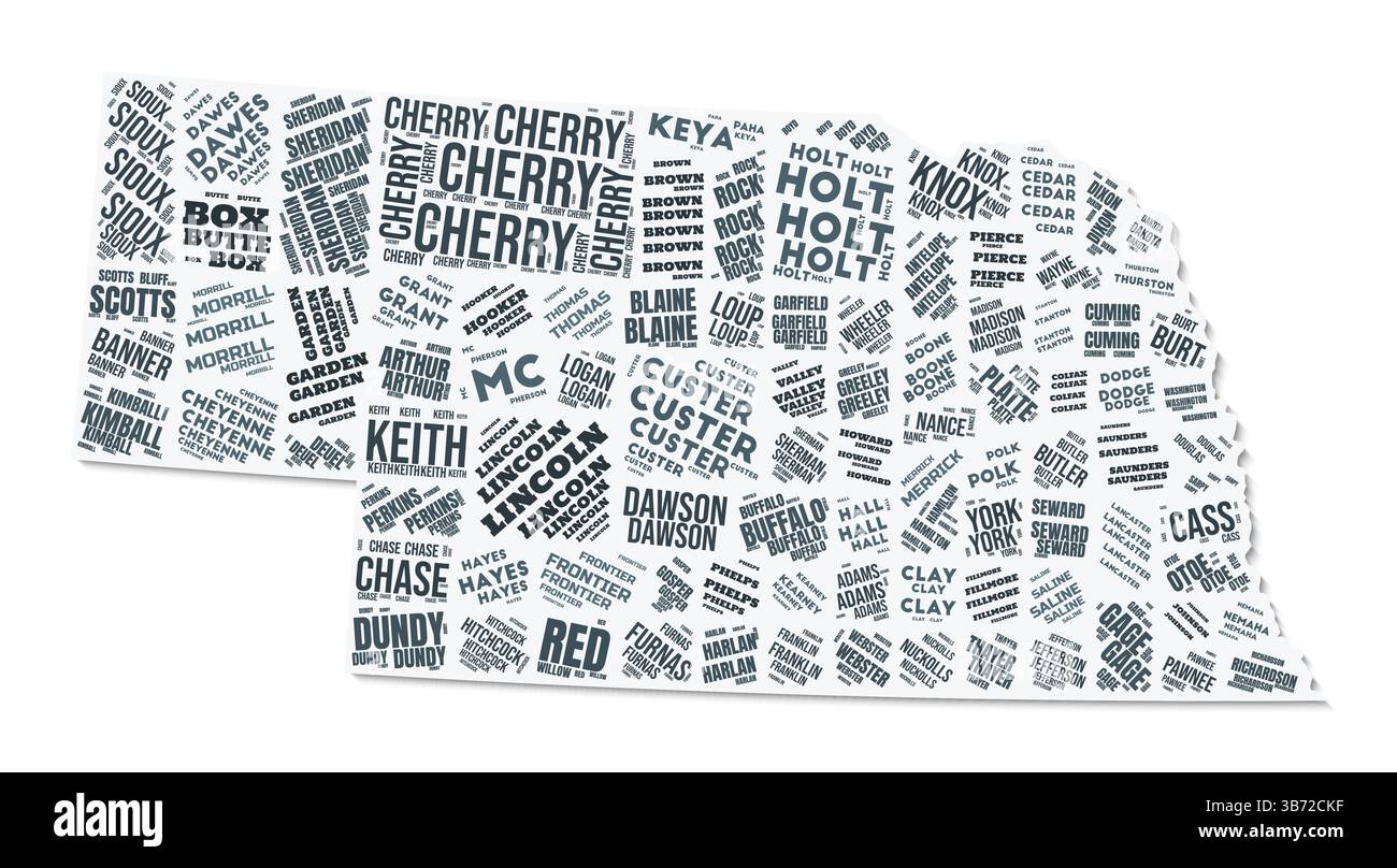 Nuage de texte de forme Nebraska. Frontière d'état avec ombre sur fond blanc. Nebraska avec division des comtés dans le style vintage gazette. Illustration de Vecteur
