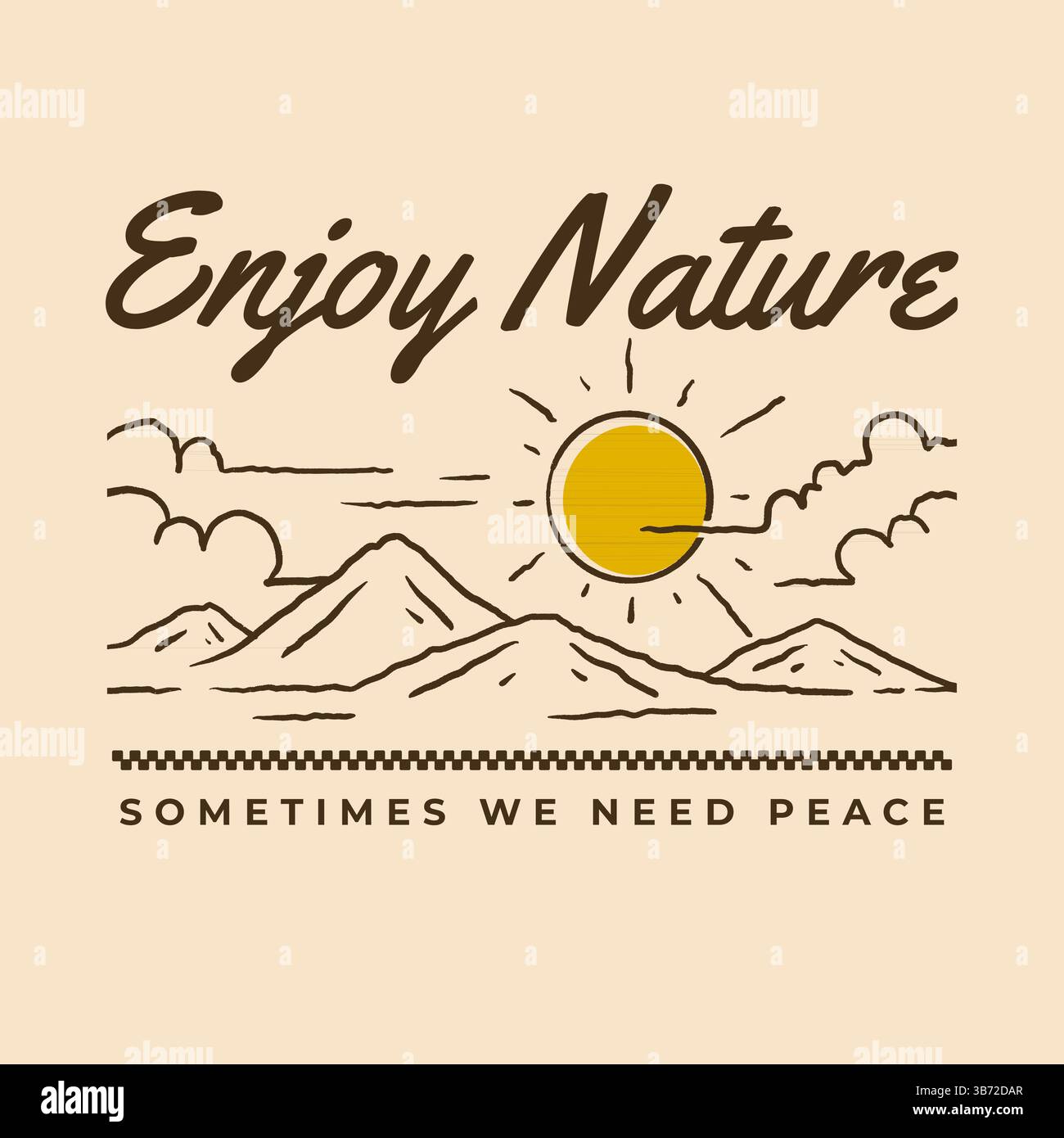 Illustration de ligne de style vintage avec un paysage de montagne serein avec un soleil brillant, des nuages et un texte manuscrit Enjoy nature Illustration de Vecteur