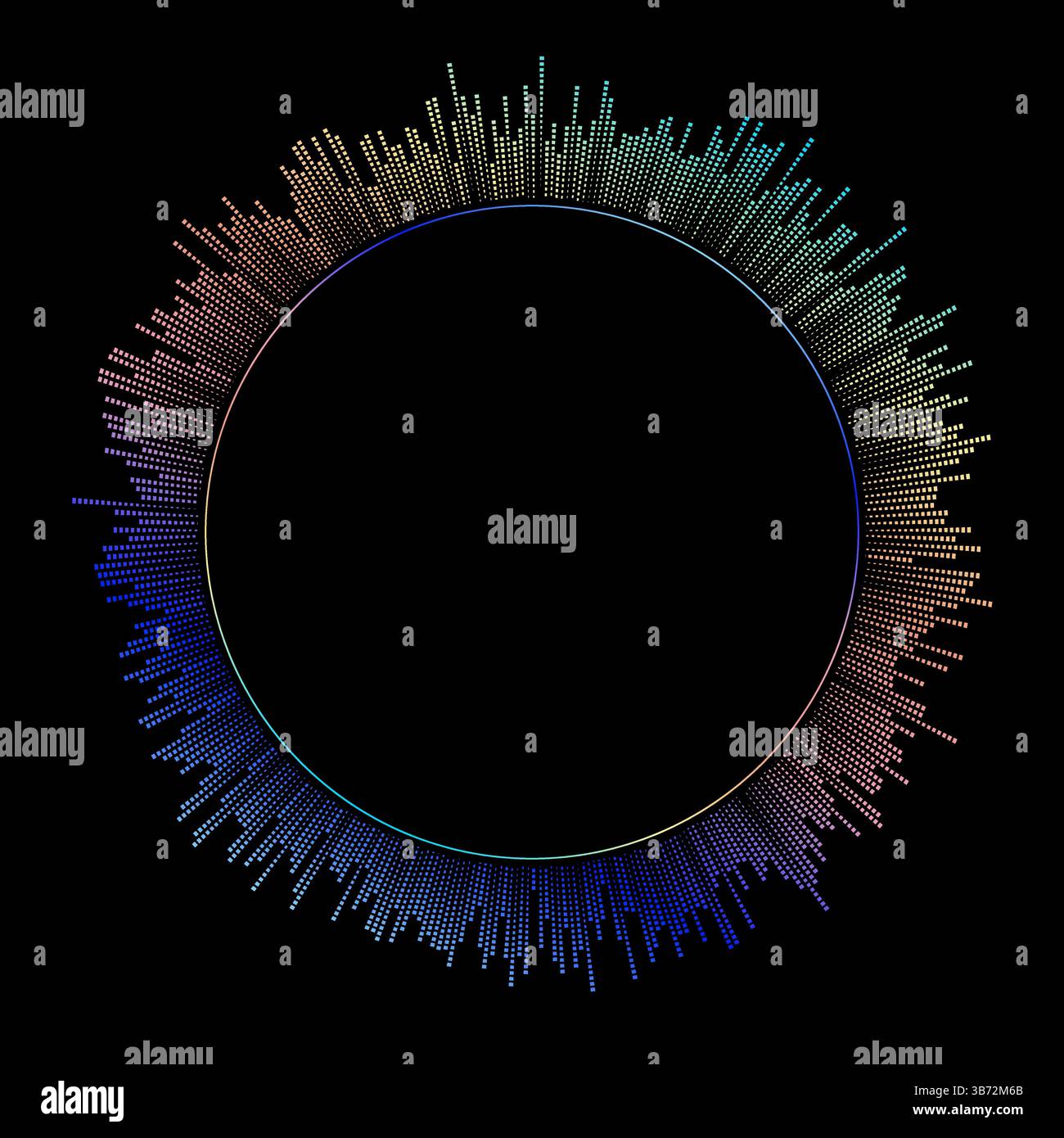 Trame d'impulsions d'égaliseur circulaire musical à fréquences variables. Bordure disco avec amplitudes haute basse fréquence à partir du centre de l'amplitude acoustique. GRA Illustration de Vecteur