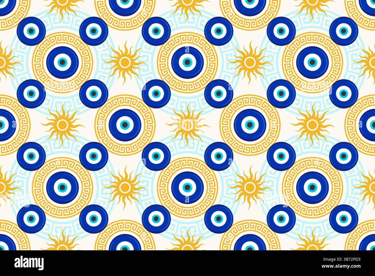 Motif mauvais oeil sans couture. Perle bleue turque avec méandre. Fond magique de vecteur grec avec le soleil et le symbole ethnique nazar de chance de protection Illustration de Vecteur