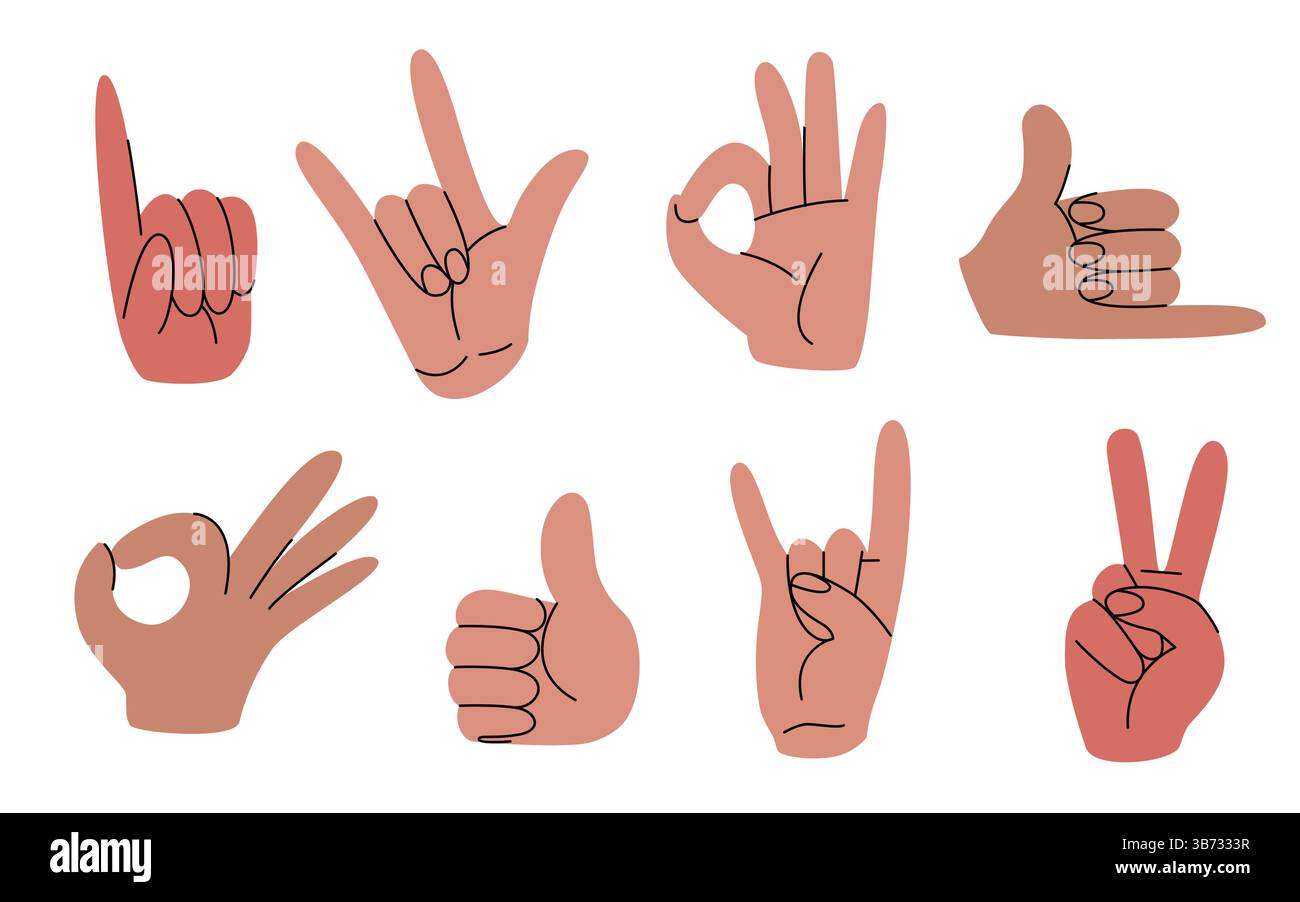 Ensemble de griffonnages de gestes de la main - différentes positions des doigts dans un style esquissé. Pouces vers le haut, signe de paix, OK et symboles de roche illustrations. Signaux de communication non verbaux, icônes du langage corporel design minimaliste. Illustration de Vecteur