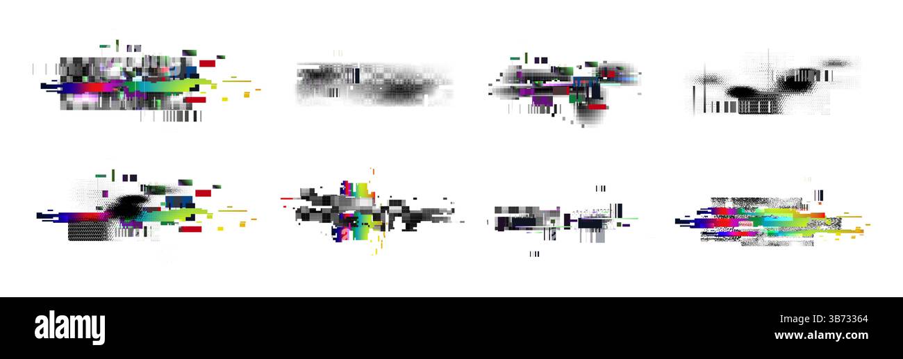 Glitch Pixel art Eléments - graphiques déformés avec bruit numérique coloré aléatoire. TV statique, artefacts de bande vhs et formes de corruption de données. Superpositions d'interface HUD, arrière-plans technologiques abstraits. Illustration de Vecteur