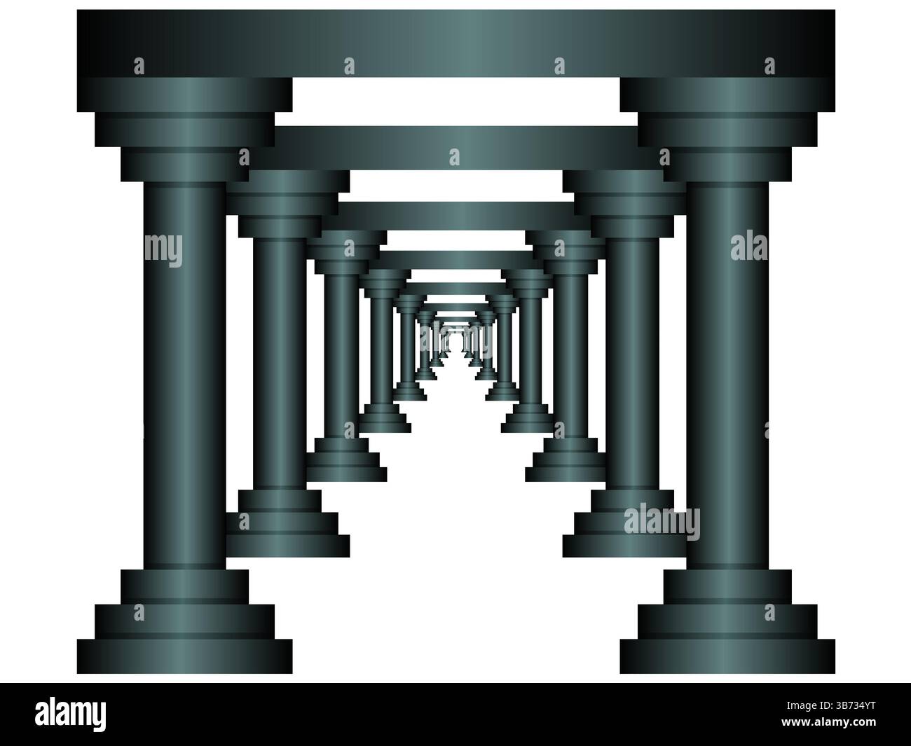 Magnifique couloir romain avec colonnes et lumière céleste incandescente à la fin, gris foncé isolé sur fond blanc, EPS modifiable. Illustration de Vecteur