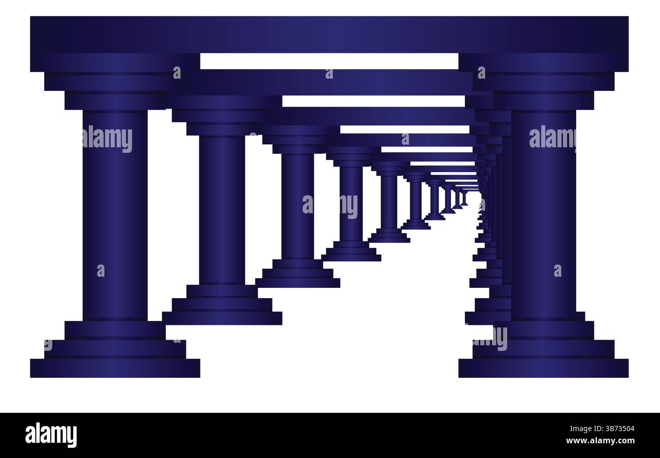 Magnifique couloir romain avec colonnes et lumière céleste incandescente à la fin, couleur bleue isolée sur blanc, vue latérale gauche EPS modifiable. Illustration de Vecteur