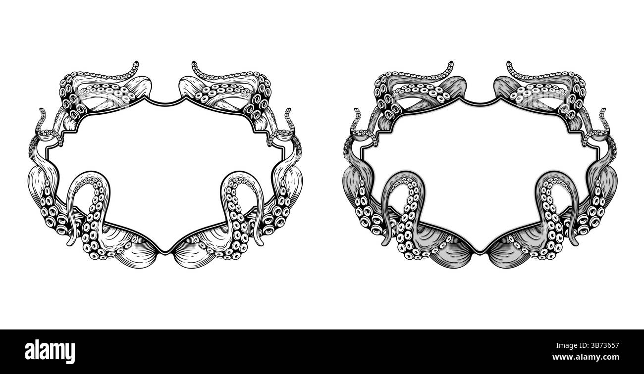Cadres vintage avec tentacules de pieuvre, tuiles de plaque de monstre de kraken, animal vecteur de mer et d'eau de mer, menu de fruits de mer. Poulpe fantaisie ou monstre kraken Illustration de Vecteur