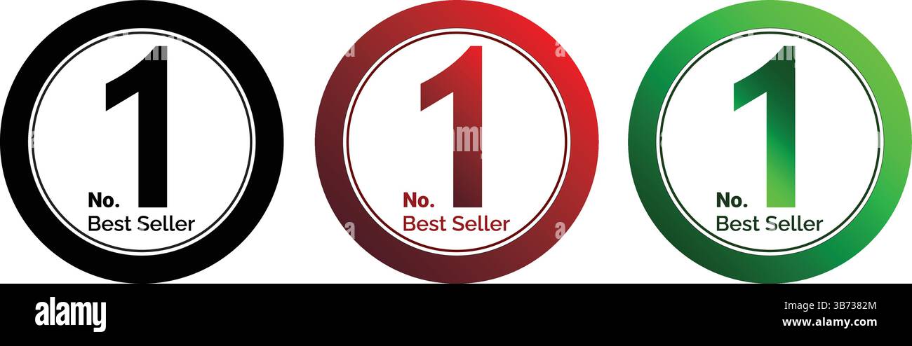 badges best-seller numéro un dans la conception circulaire noire, rouge et verte, icônes d'étiquette utilisées pour le classement des produits, la promotion et la représentation de la qualité Illustration de Vecteur