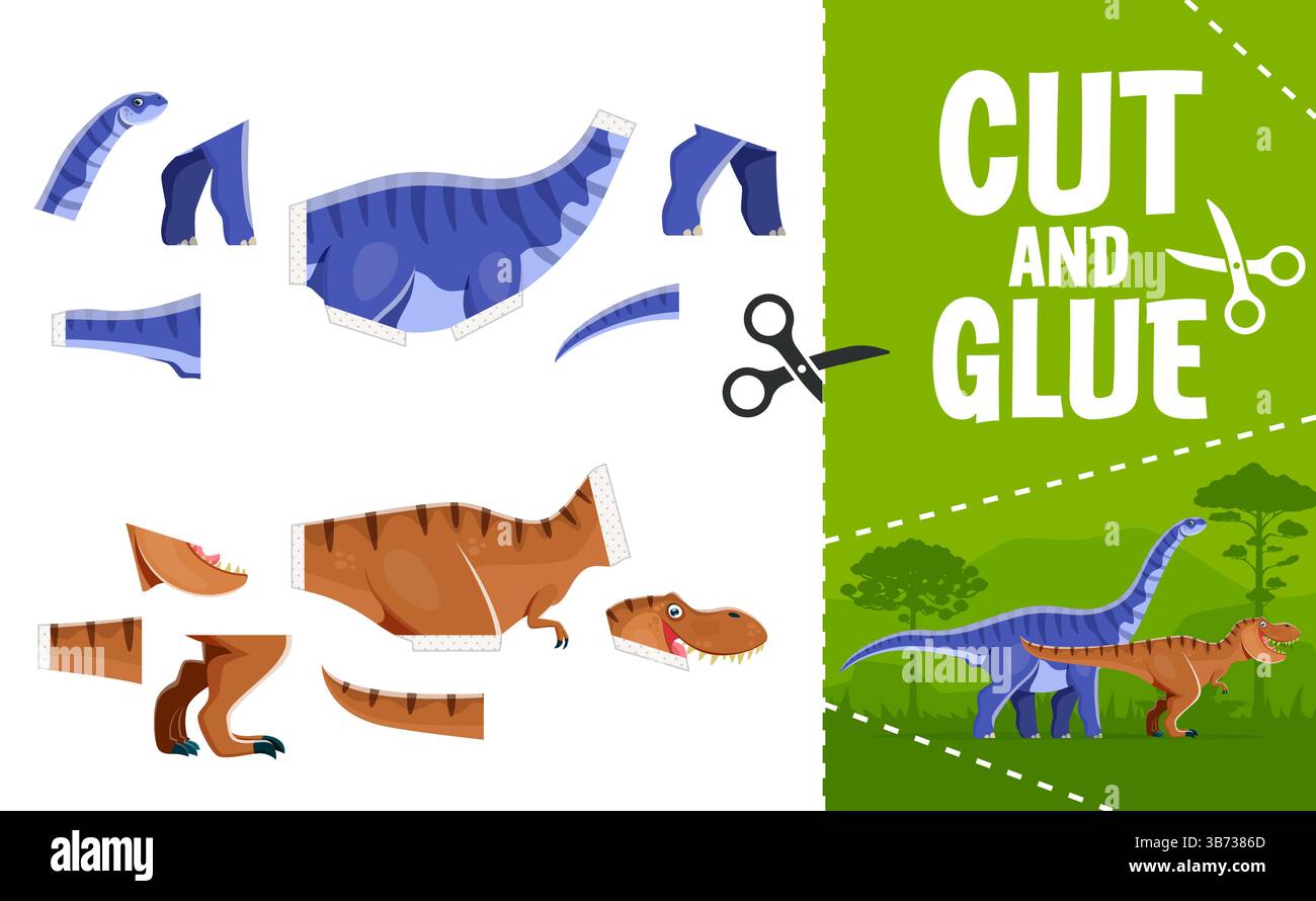 Coupez et collez la feuille de travail de jeu pour enfants avec des dinosaures préhistoriques, activité éducative vectorielle. Quiz puzzle en papier, couper, assortir et coller des parties de dessin animé jura Illustration de Vecteur