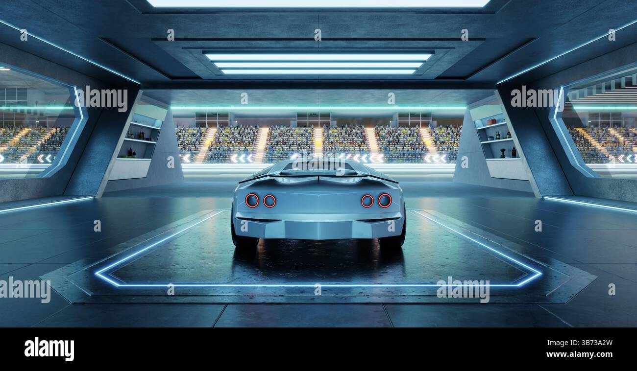 Voiture de sport argentée garée dans un garage futuriste, donnant sur une piste de course animée à travers de grandes fenêtres. Rendu 3D. Banque D'Images