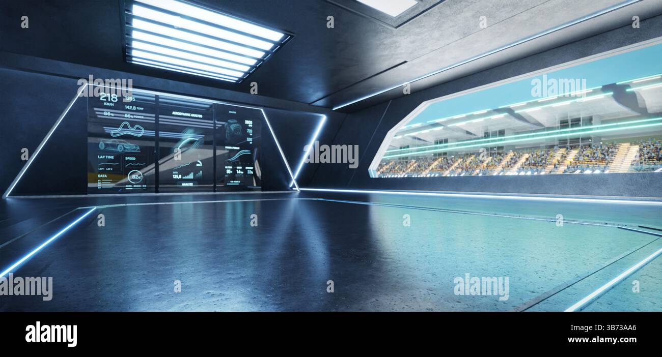 Garage futuriste affichant les données de la course sur des écrans transparents, avec des spectateurs acclamés depuis les gradins, mettant en avant des technologies de pointe et des moteurs Banque D'Images