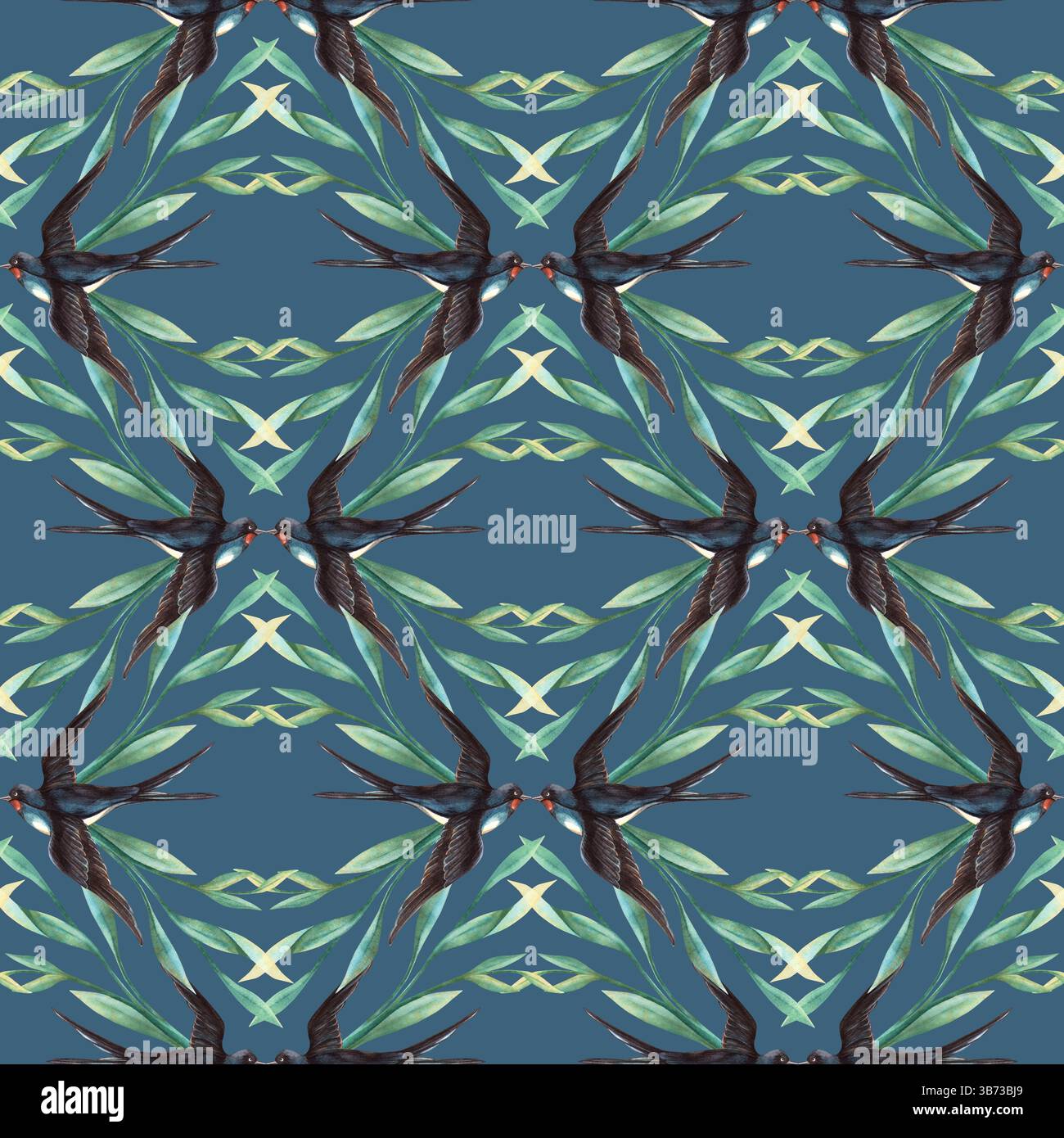 Bleu nuit avale oiseau et feuilles vertes motif sans couture. Texture aquarelle florale avec fond sombre parfait pour un arrangement élégant, saisonnier Banque D'Images