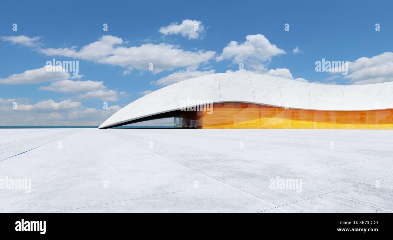 Bâtiment futuriste blanc et orange avec toit incurvé se dresse sur esplanade en béton au bord de la mer sous ciel bleu avec des nuages. Rendu 3D. Banque D'Images
