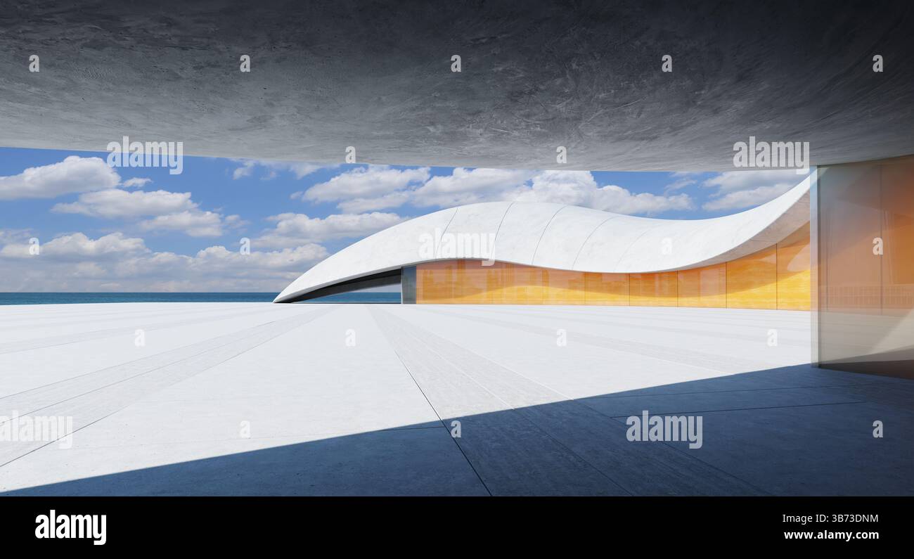 Architecture futuriste mêlant béton et verre, créant un contraste visuel saisissant sur fond de ciel bleu et d'océan. Rendu 3D. Banque D'Images