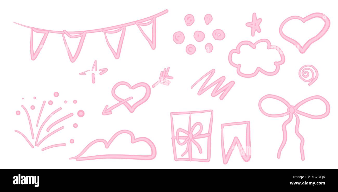 Éléments de coquette girly mignons dessinés à la main, des arcs, des guirlandes, des nuages et des gribouilles. Décor féminin pour bullet journal Illustration de Vecteur